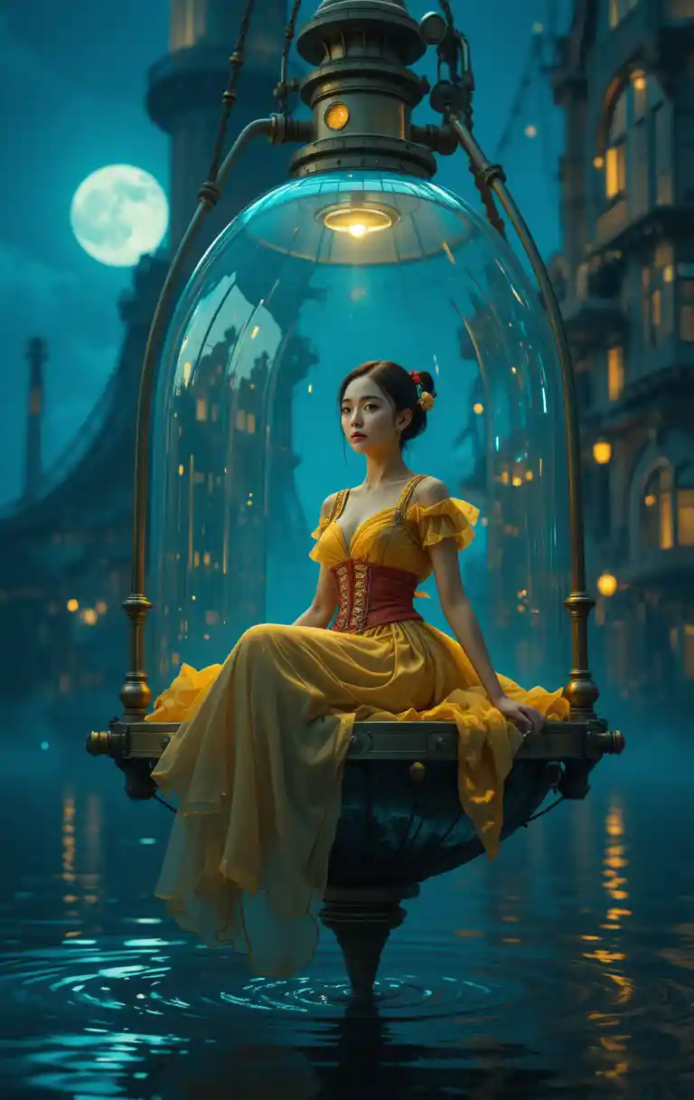 Asian woman in steampunk dress afloat in glowing lamp