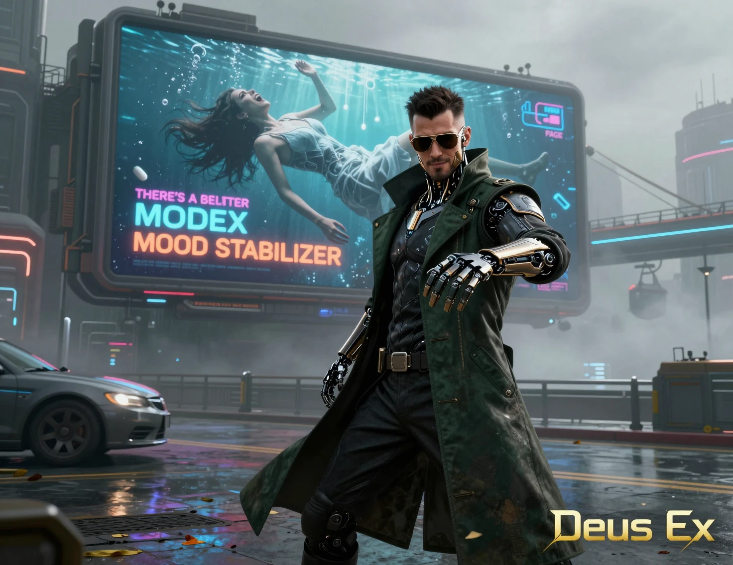 Detetive cyberpunk de sobretudo longo alcançando para a frente na rua