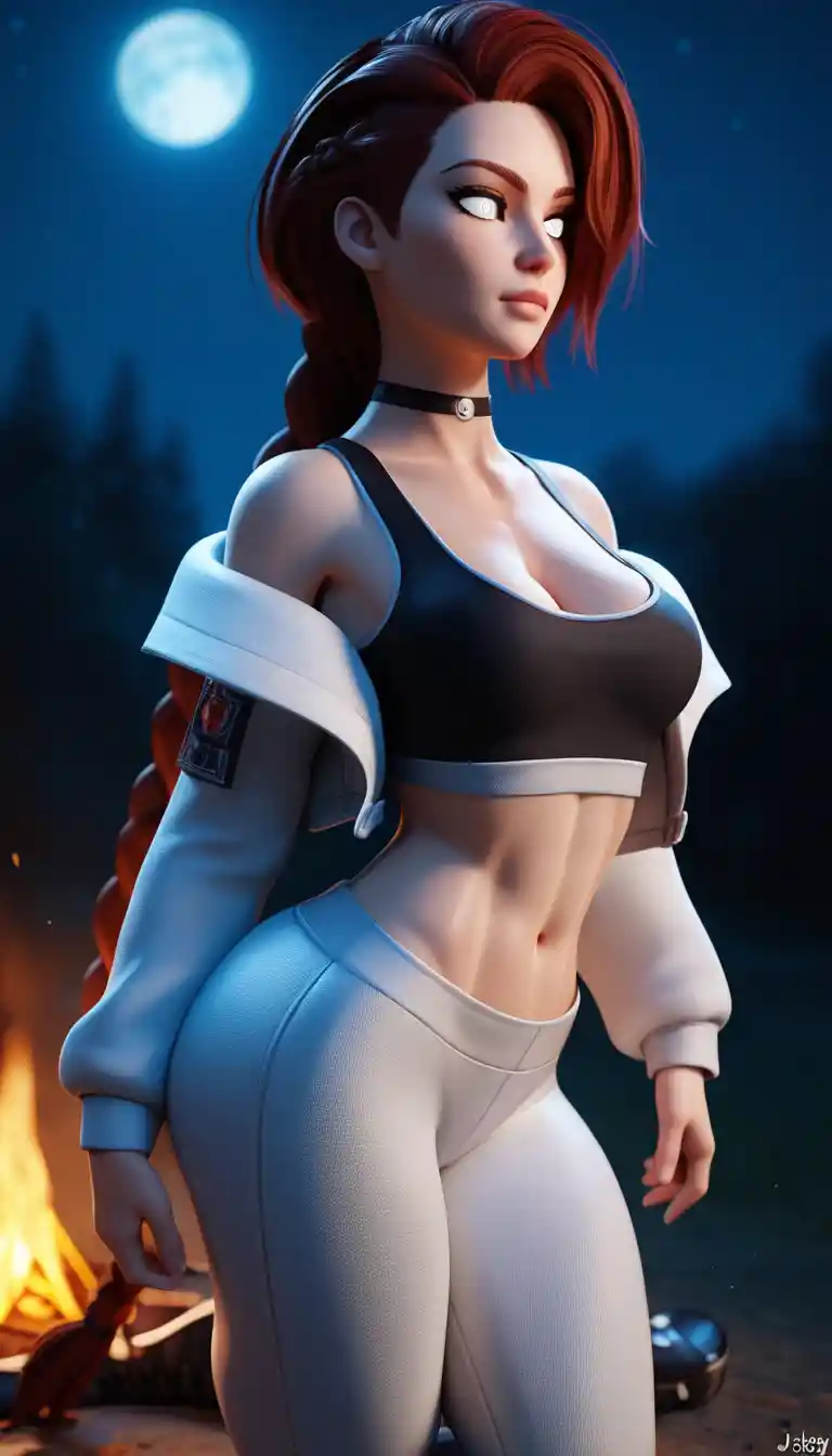 Fantasy huntress with braided auburn hair under full moon