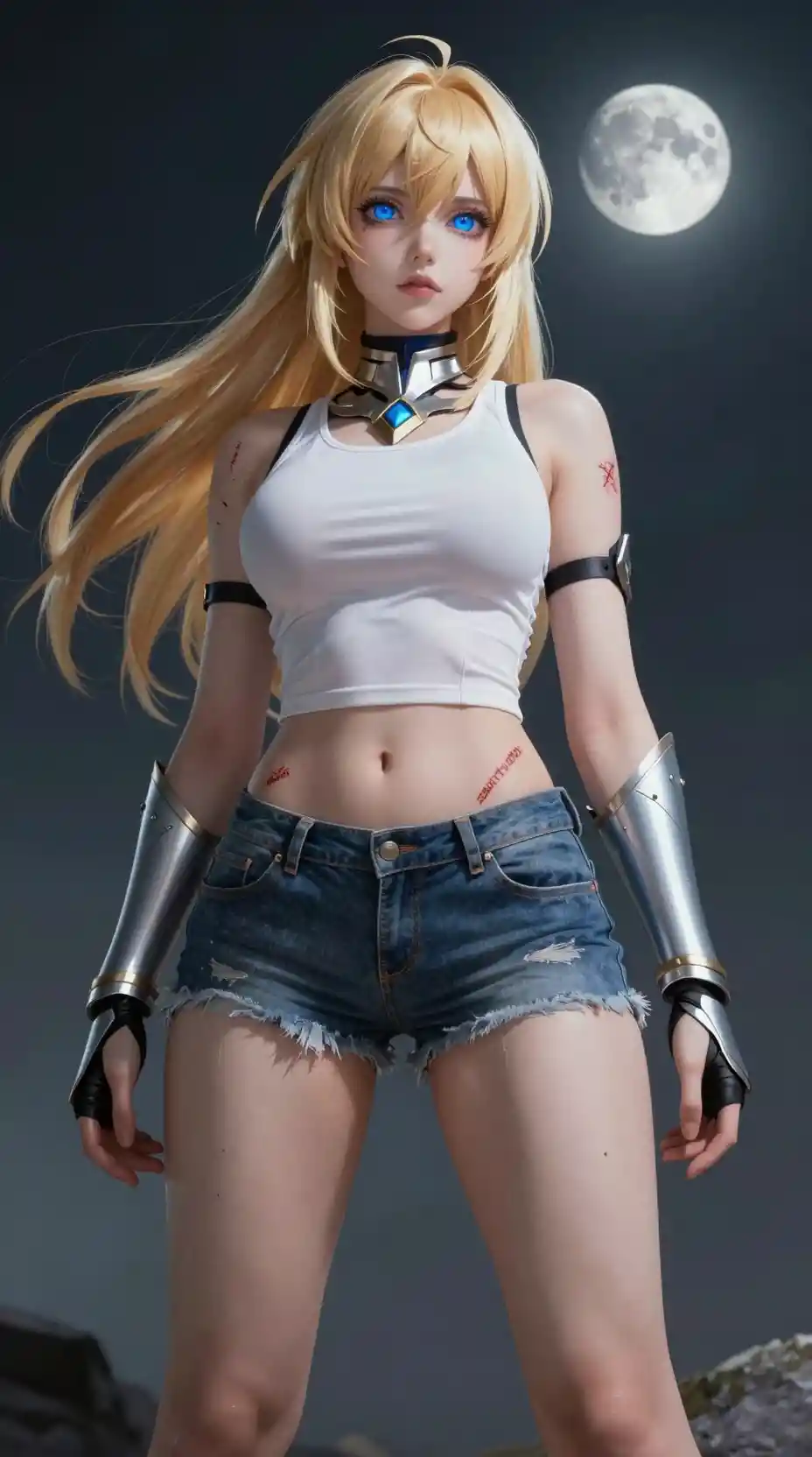 Héroïne d’anime blonde en débardeur sous la lune