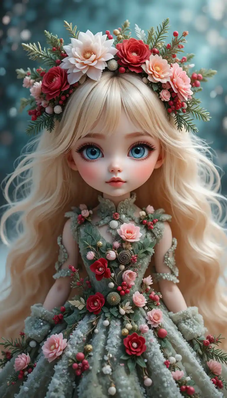 Boneca de Natal com vestido floral verde fosco de festas