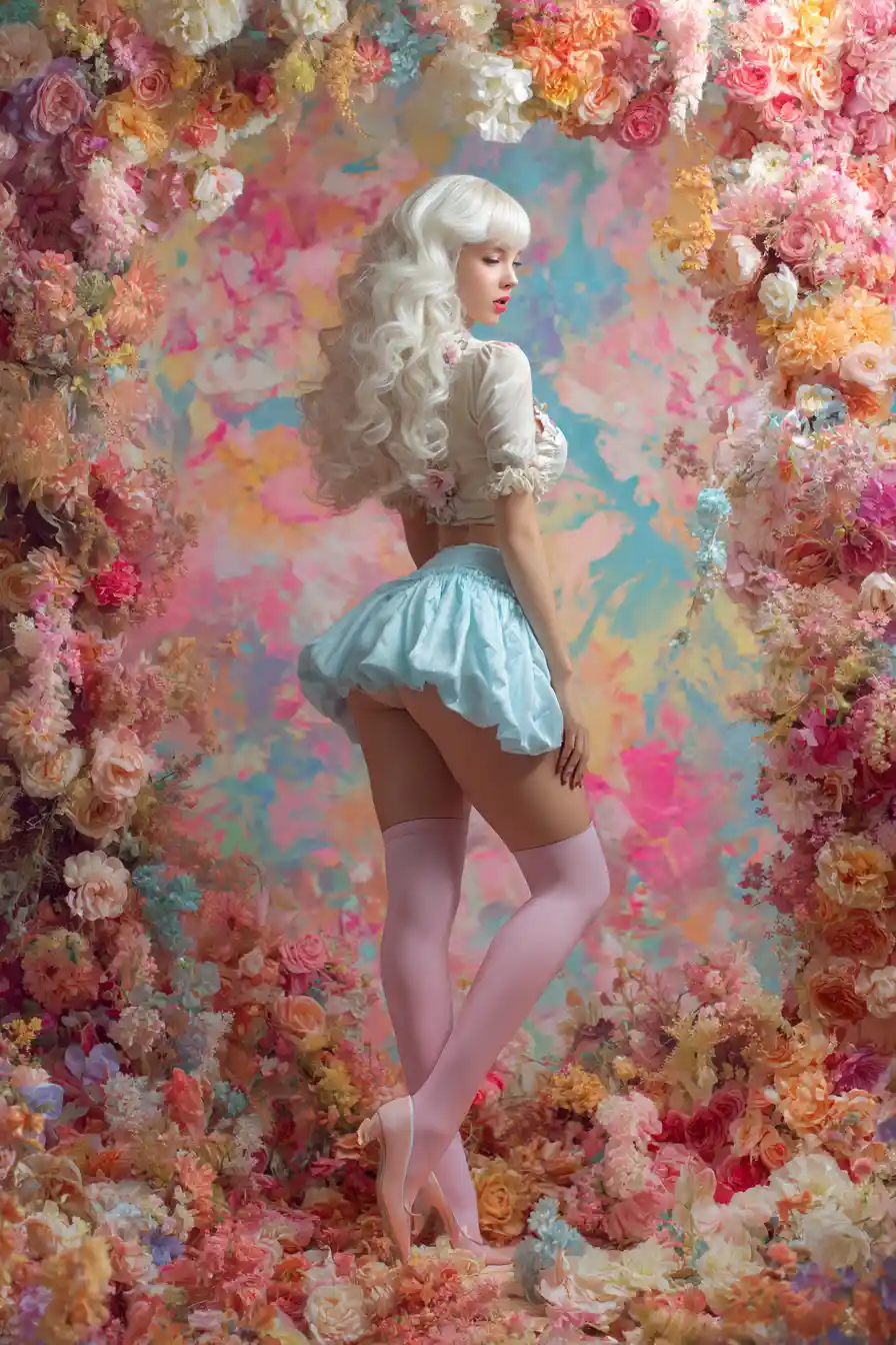 Modern rococo girl with flowing white hair and flowers