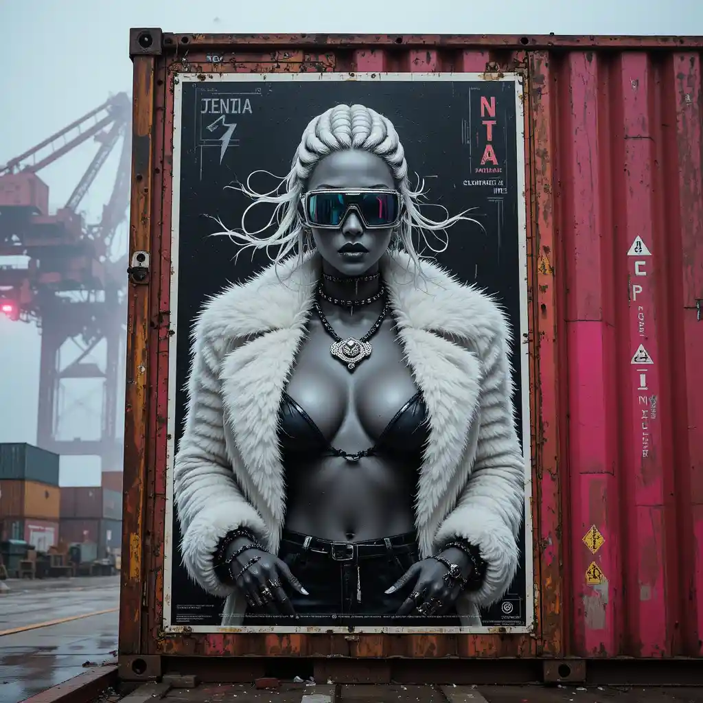 Noir fashion poster on rusted cargo container by the bay