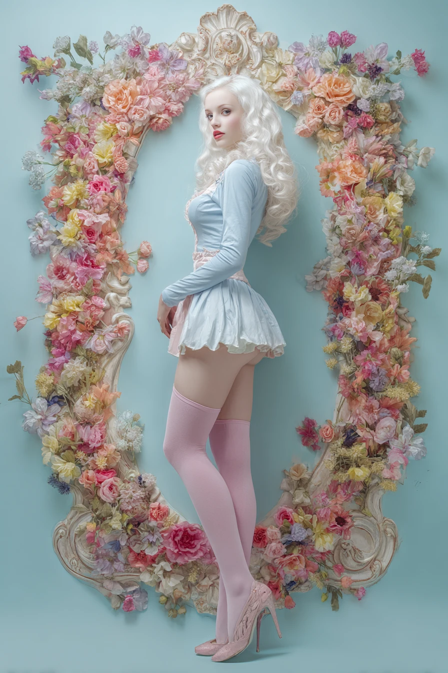 Elegant girl with white curls in floral rococo portrait