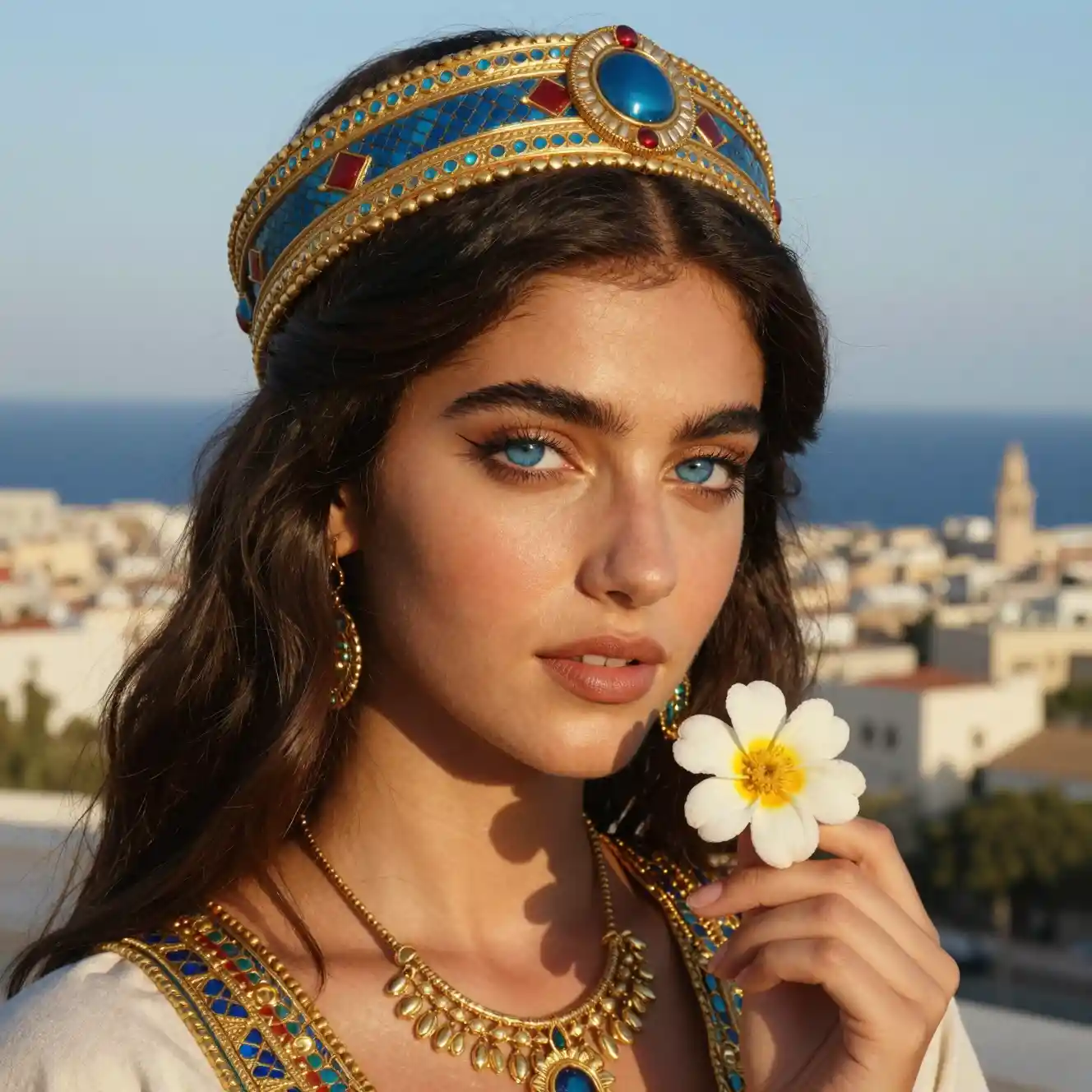 Giovane donna con copricapo cartaginese sul mar Mediterraneo