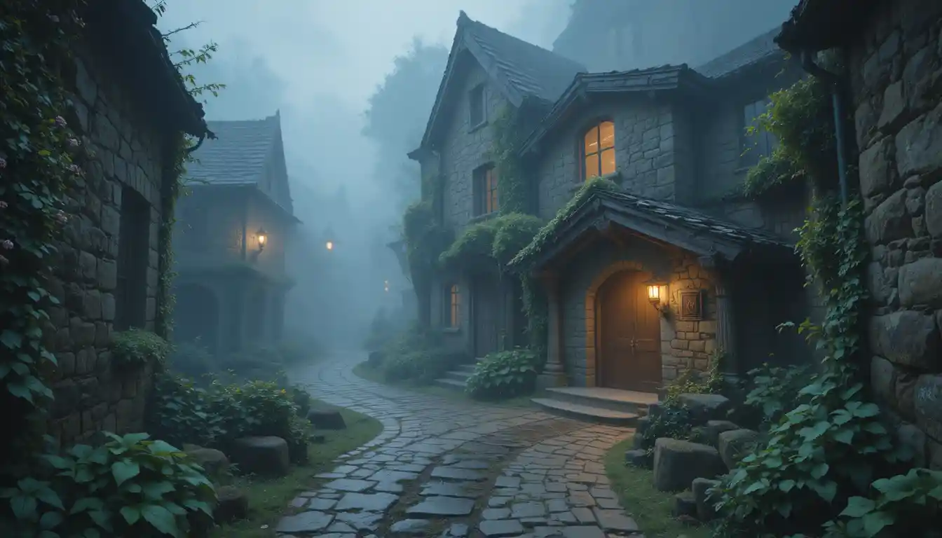 Mystic Stone Village Alley With Glowing Doorway
