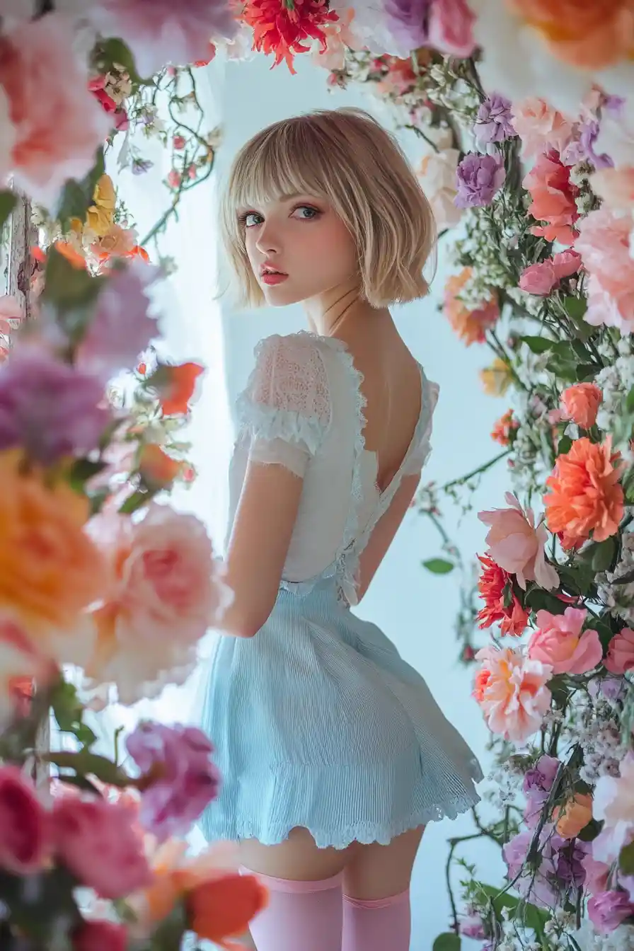 Modern rococo girl in flowers with pastel fashion