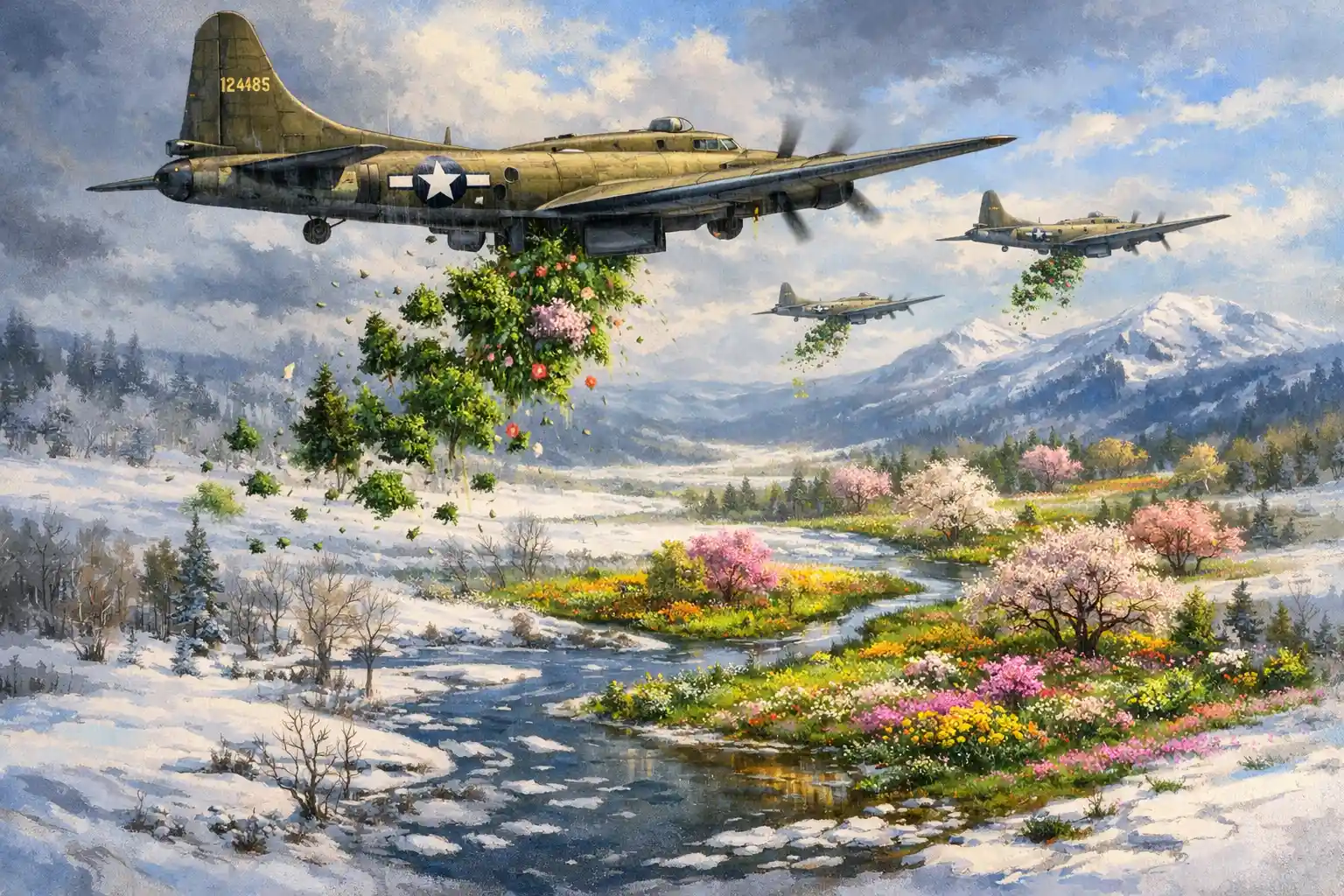 World War II bomber spreading spring over a winter valley