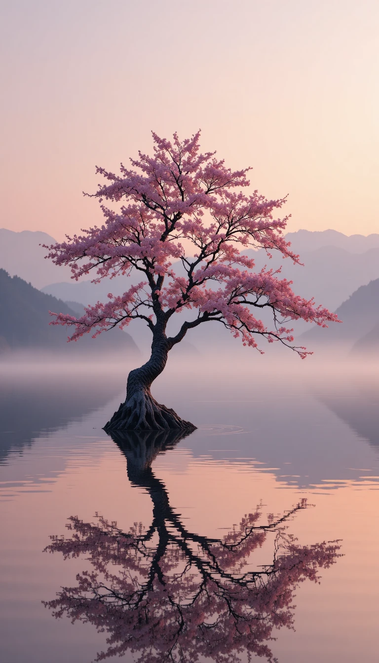 Ciliegio solitario accanto a un lago calmo e riflettente all’alba