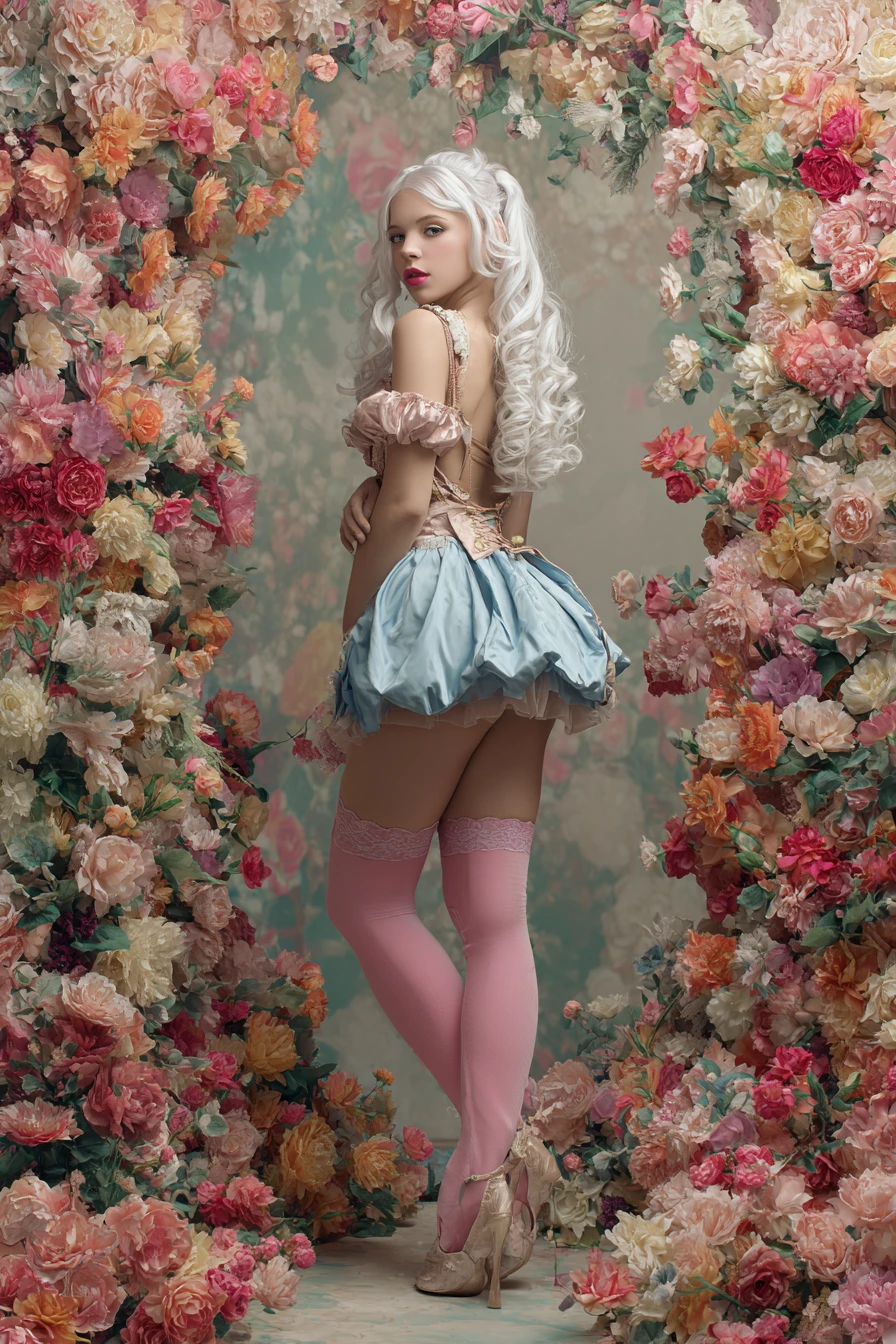 Modern rococo girl with flowing white hair in flowers