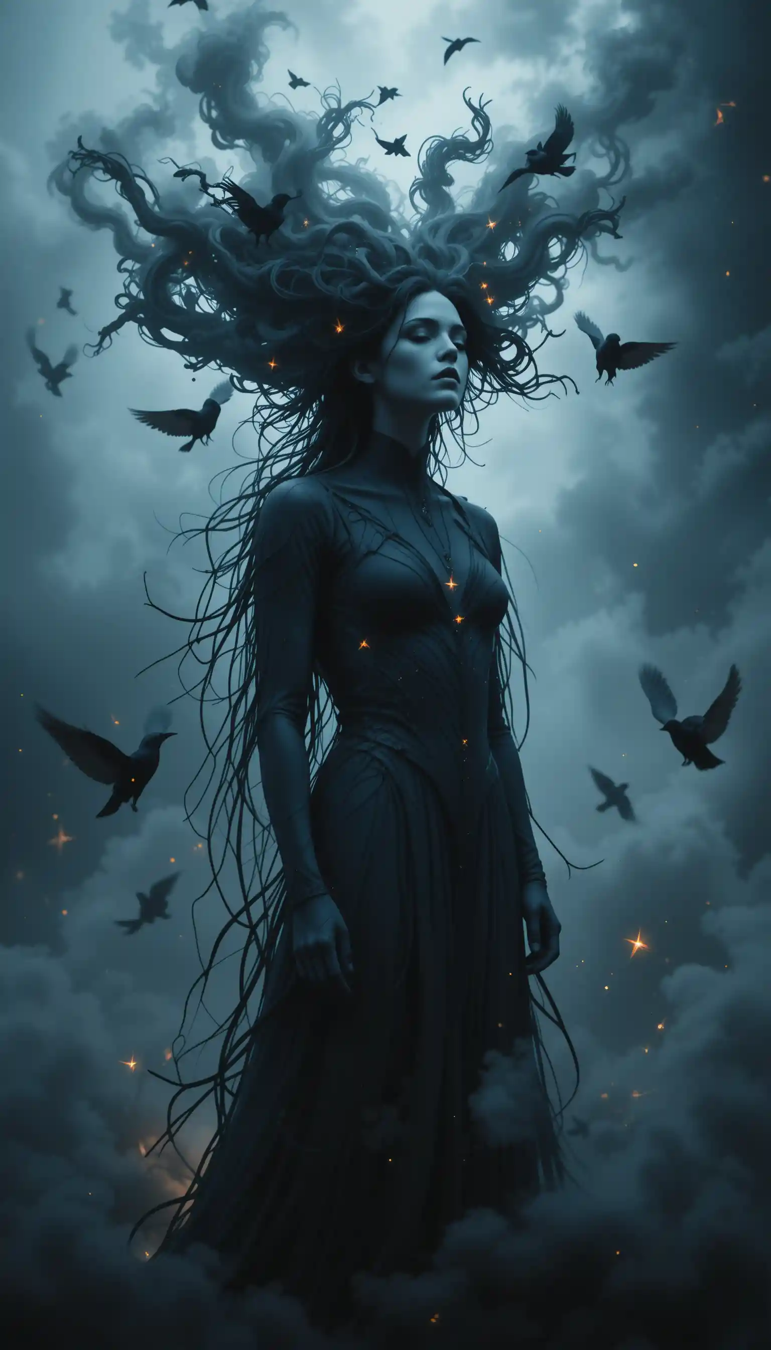 Androgynous figure with storm cloud head in dark fantasy
