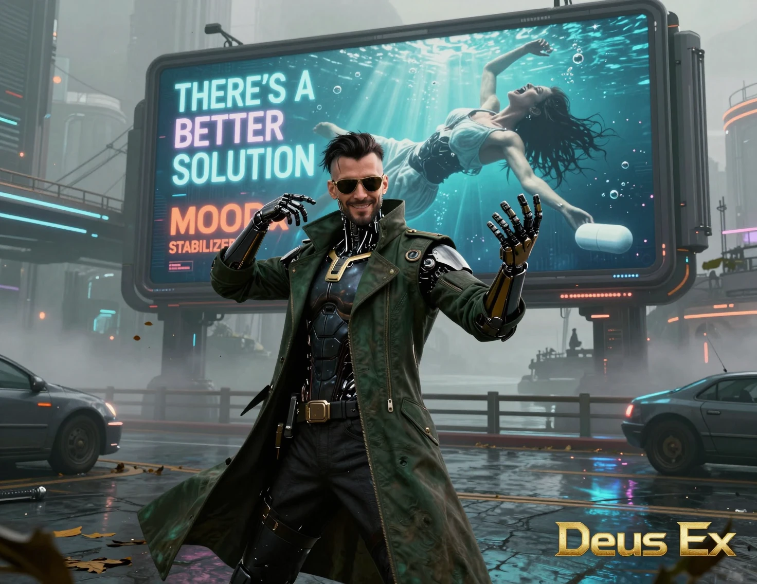 Augmented cyberpunk detective posing on a misty city street
