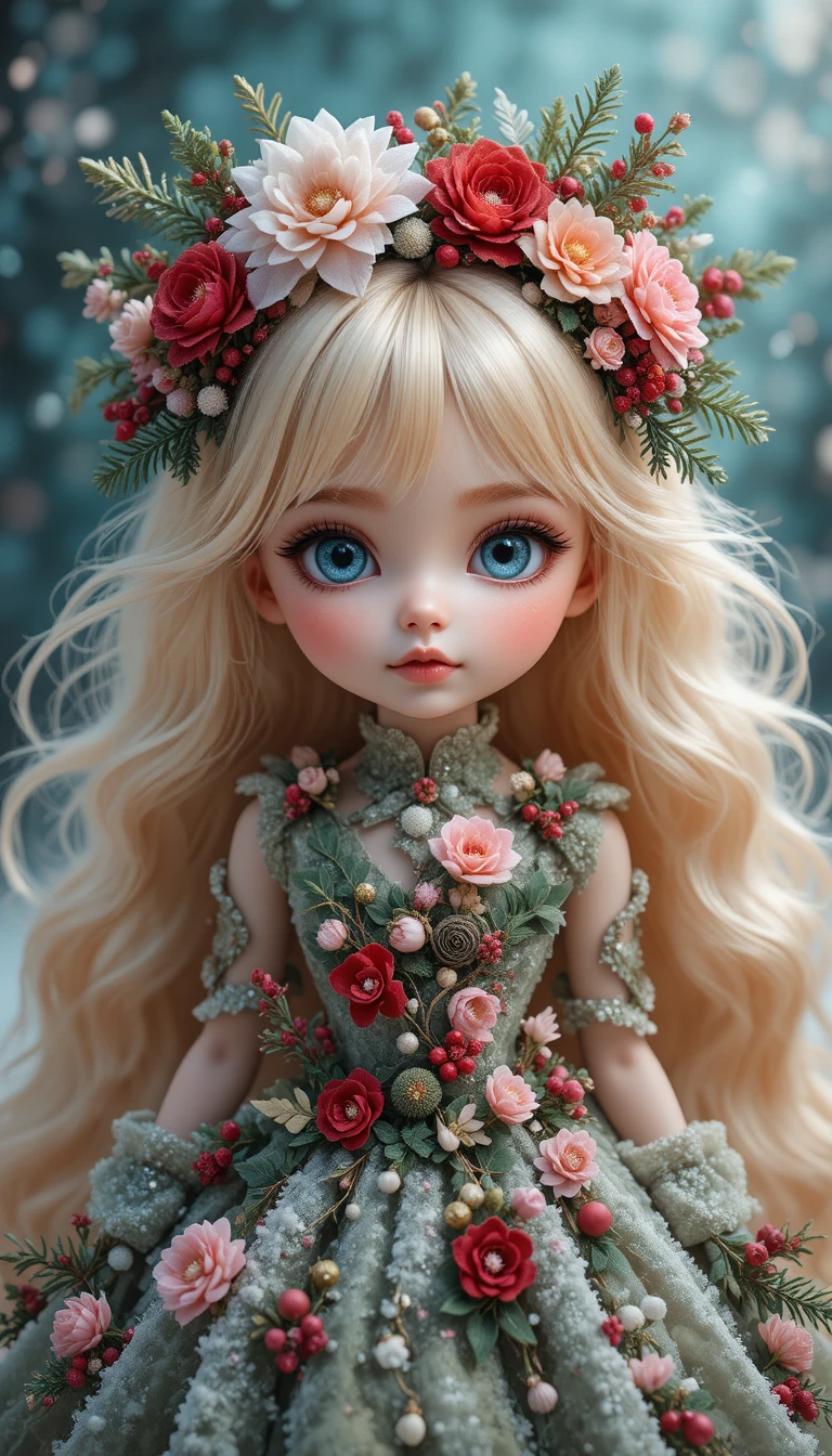Boneca de Natal com vestido floral verde fosco de festas