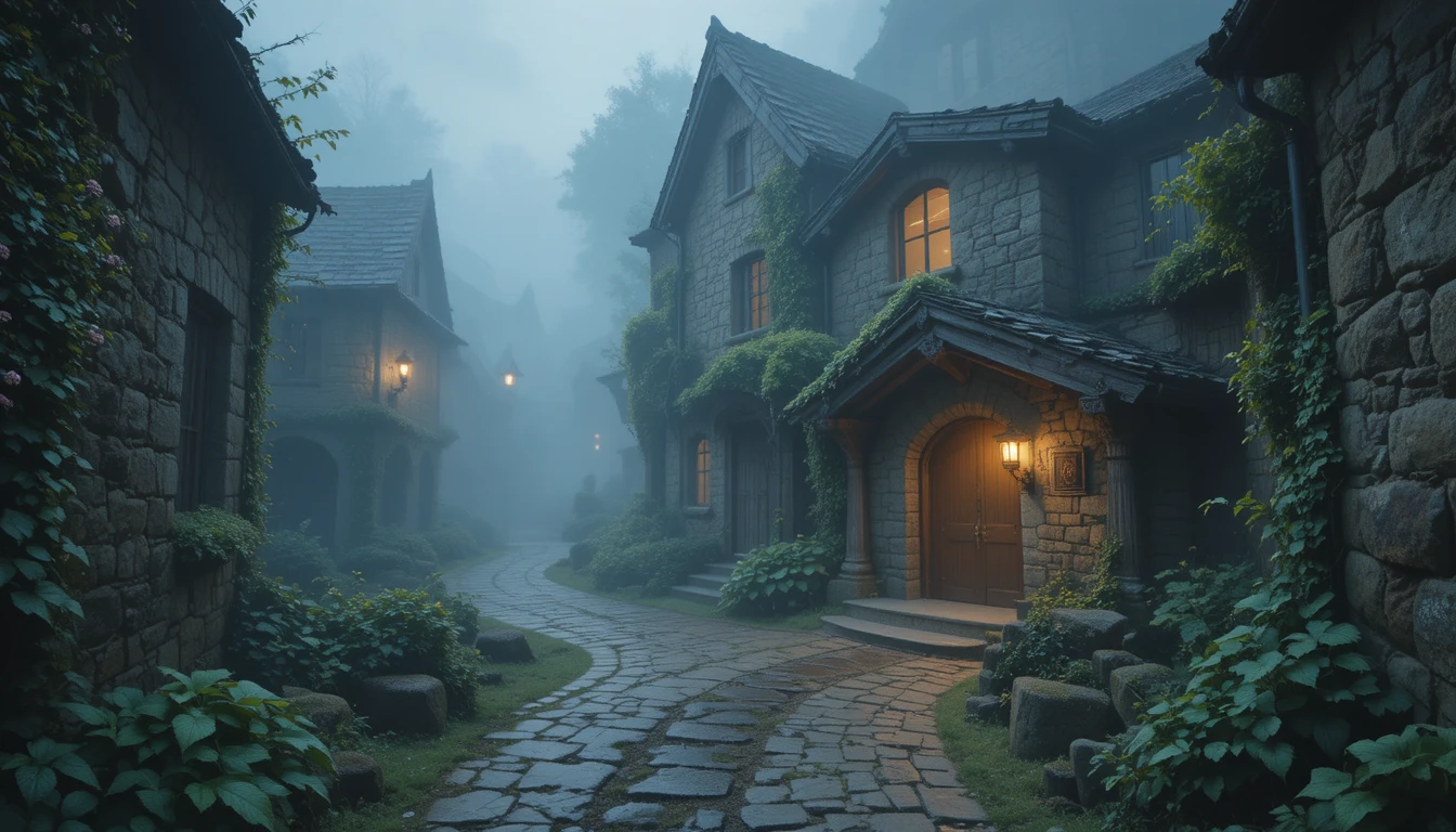 Mystic Stone Village Alley With Glowing Doorway