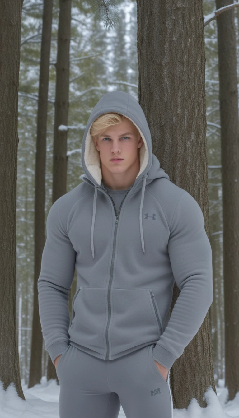 Blonder junger Mann in Fleecetights in einem verschneiten Wald
