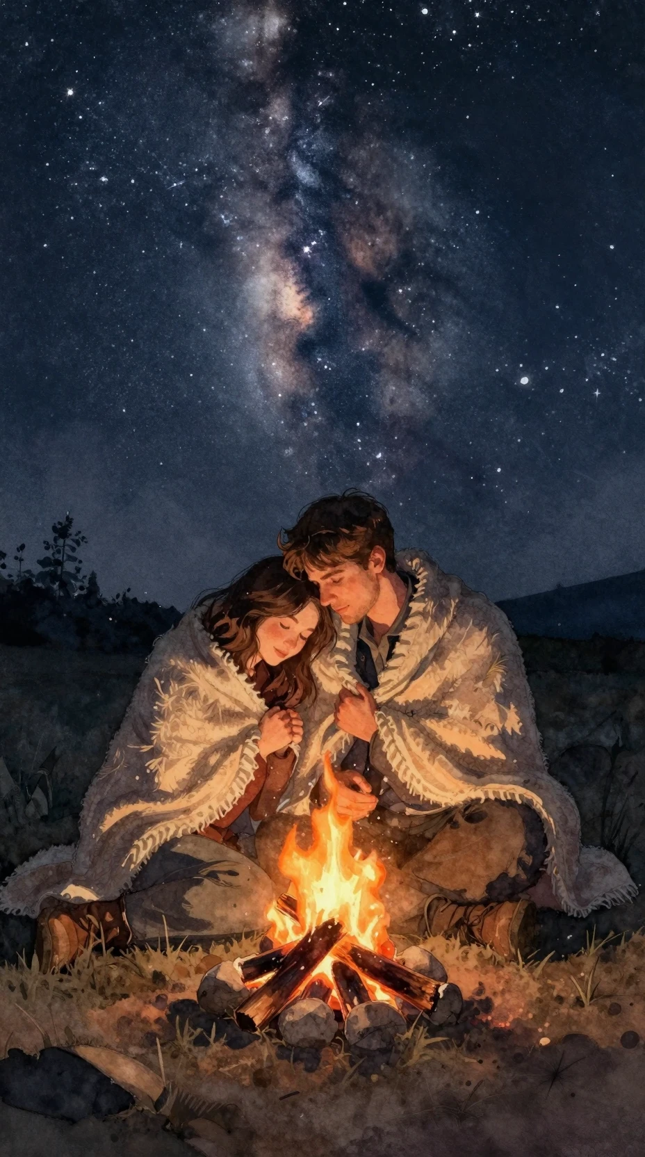 Casal em aquarela ao lado de uma fogueira brilhante sob as estrelas