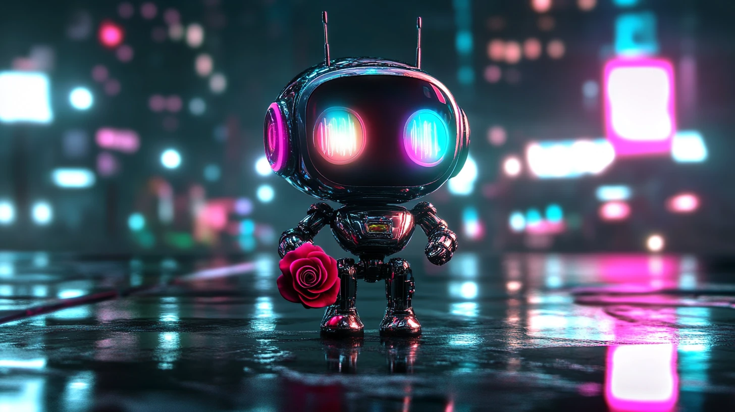 Pequeno robô futurista segurando uma única rosa vermelha