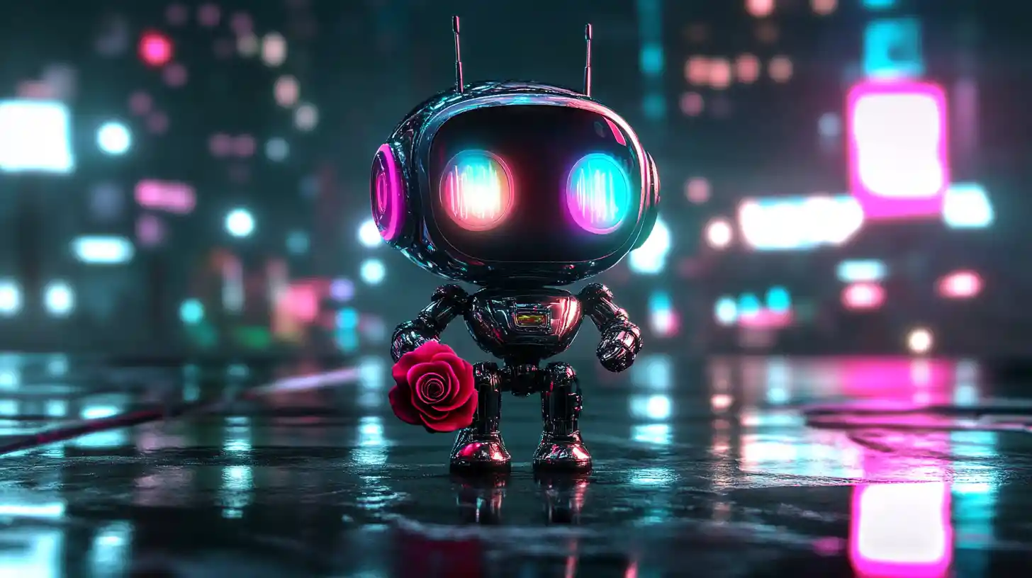 Pequeno robô futurista segurando uma única rosa vermelha