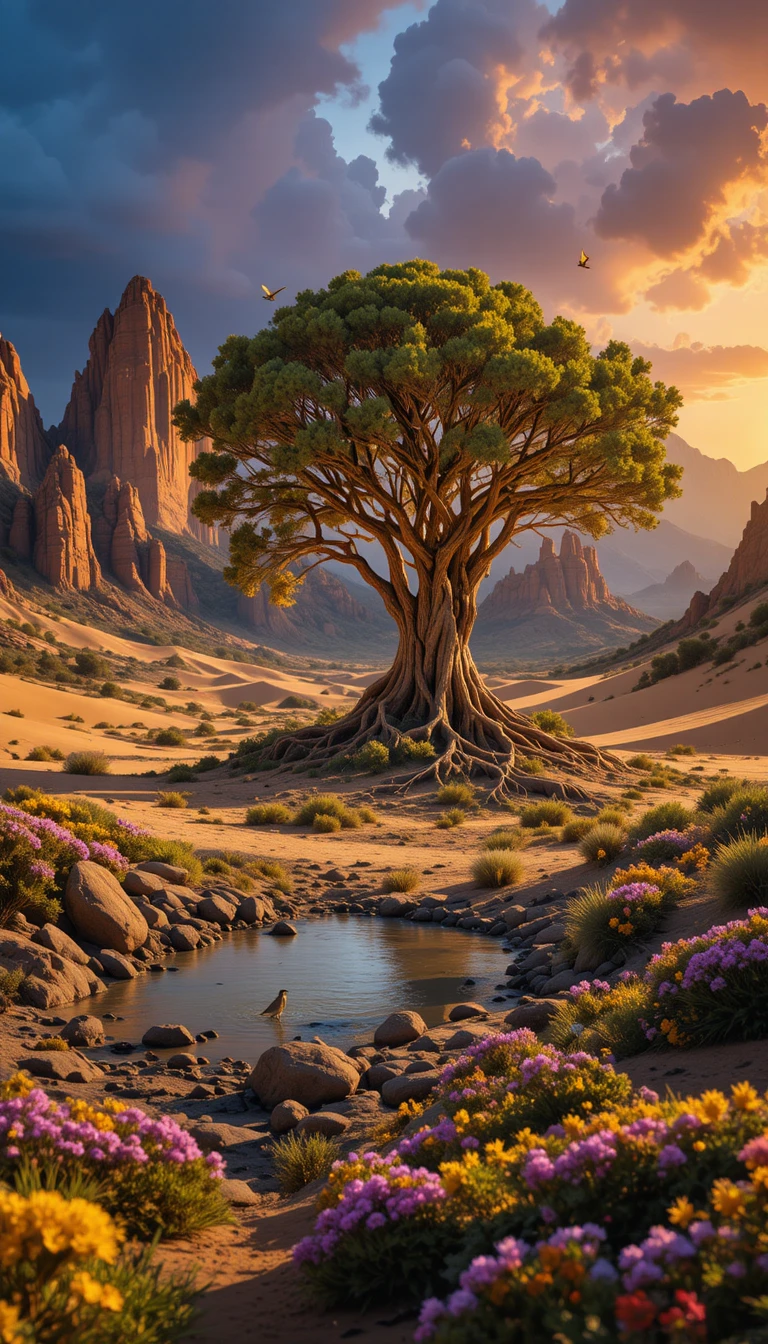 Falaises dorées du désert avec arbre ancien et source
