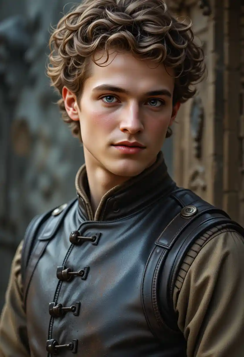 Young soldier in leather doublet with a gentle smile