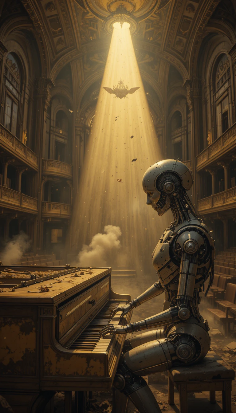 Robot che suona un pianoforte solitario in una sala da concerto in rovina