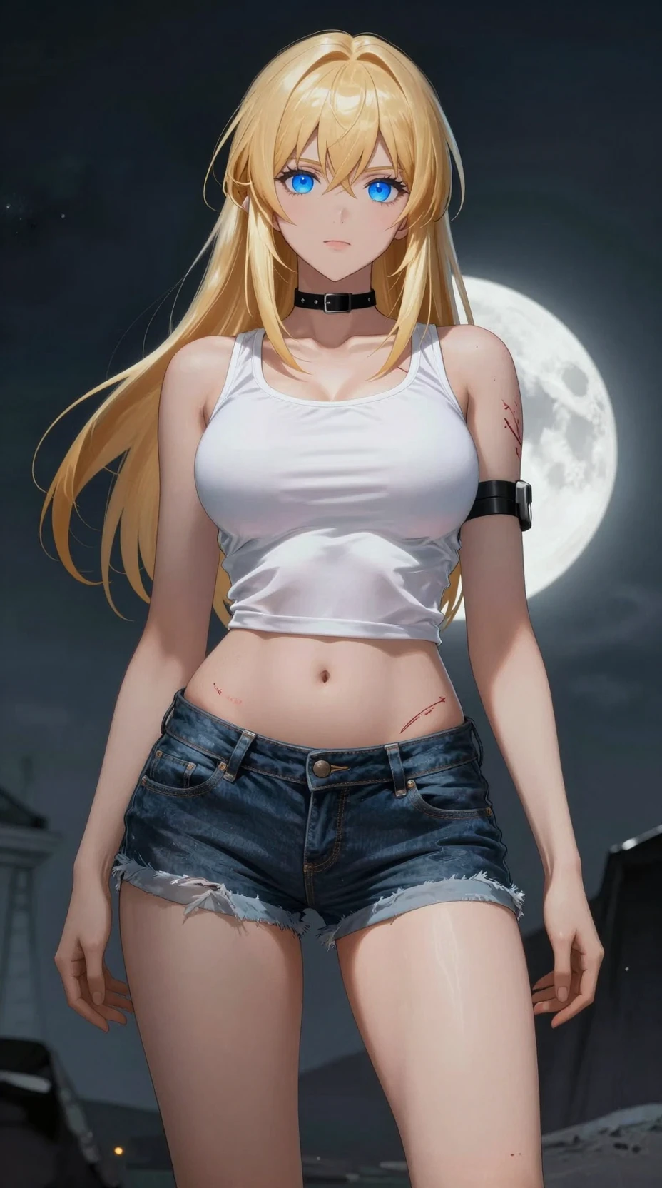 Héroïne d’anime blonde en tenue moulante face à la lune