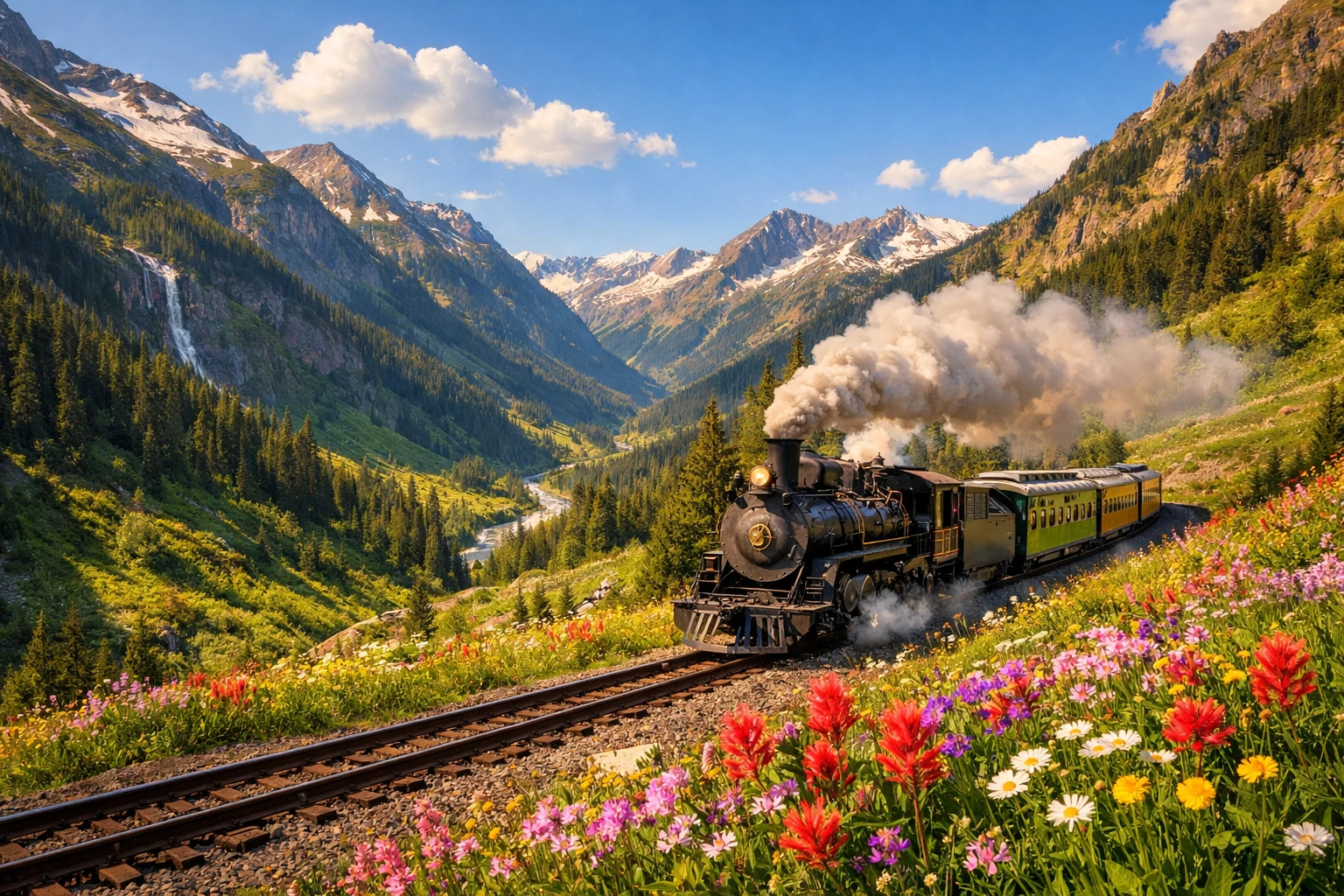 Historischer Dampfzug überquert einen üppigen Frühlingsgebirgspass