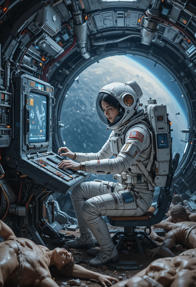 Astronauta donna che ripara una console sulla stazione spaziale di Titano