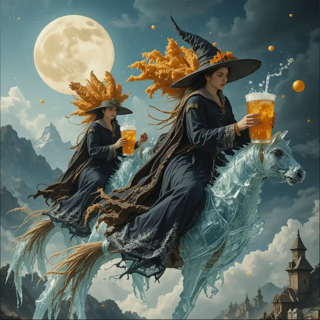 Medieval witches flying through the sky on magical brooms