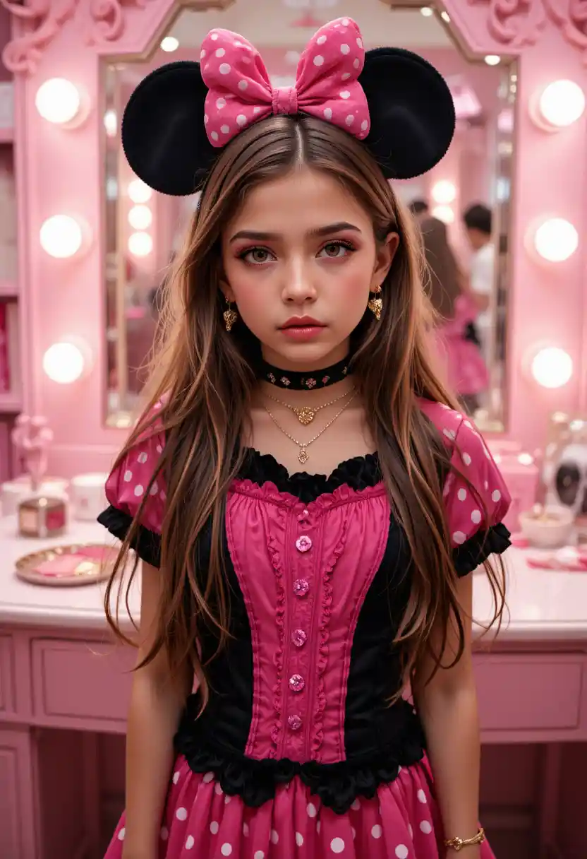 Nervöser Tween-Junge als Minnie Maus in Boutique verkleidet