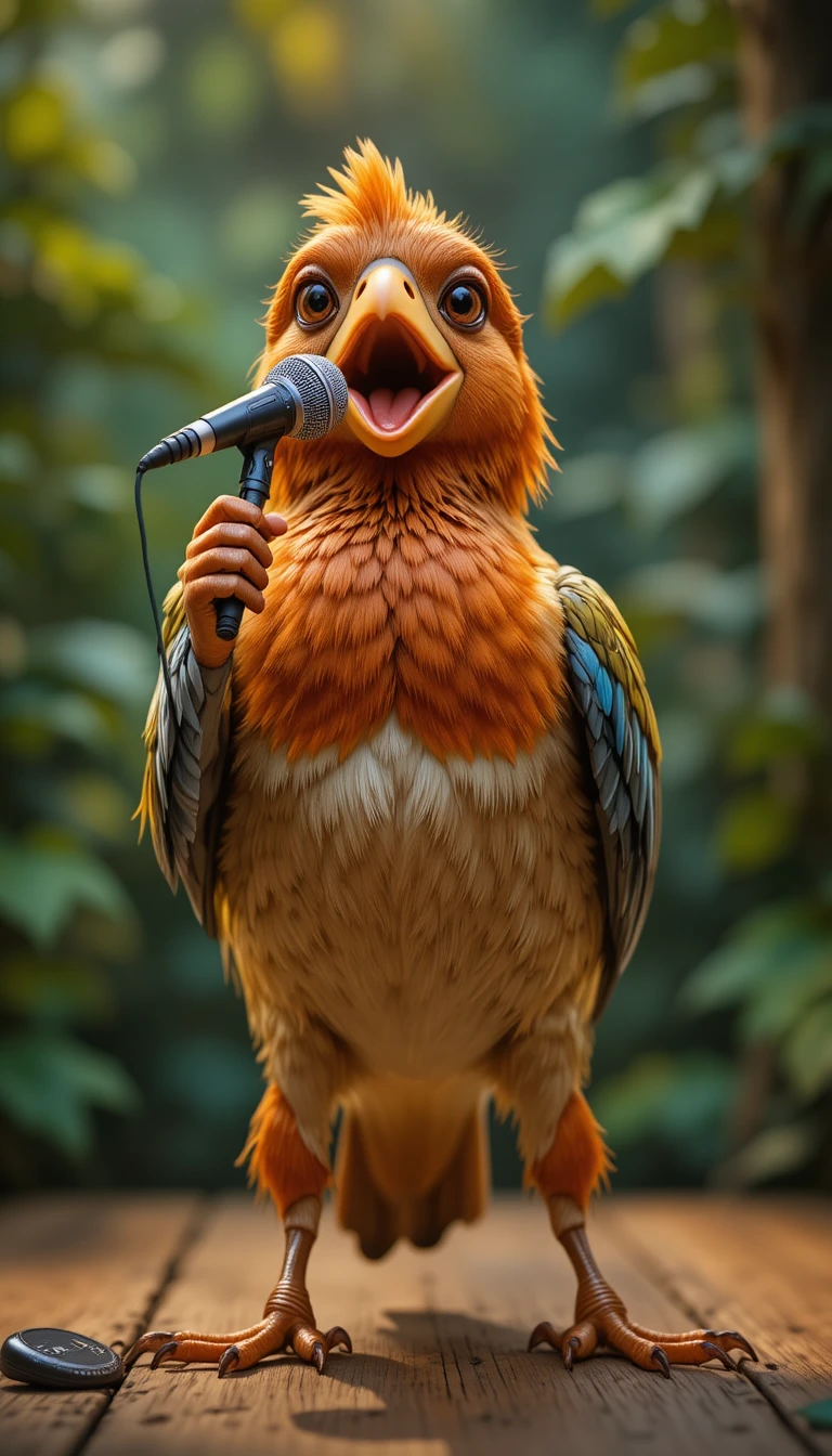Vivace uccello canoro che canta in un microfono sul palco