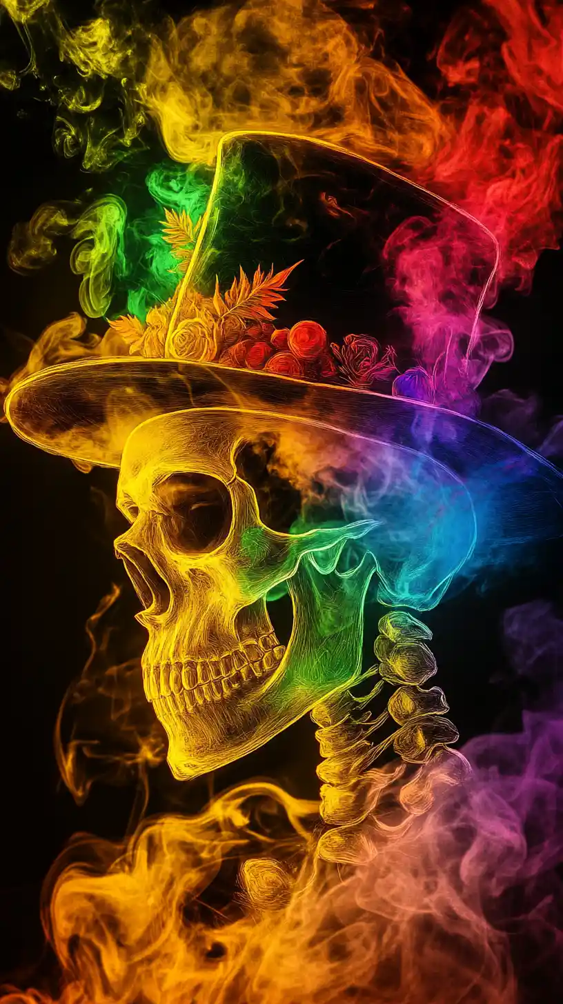 Neon rainbow skull with burning smoke and witch silhouette