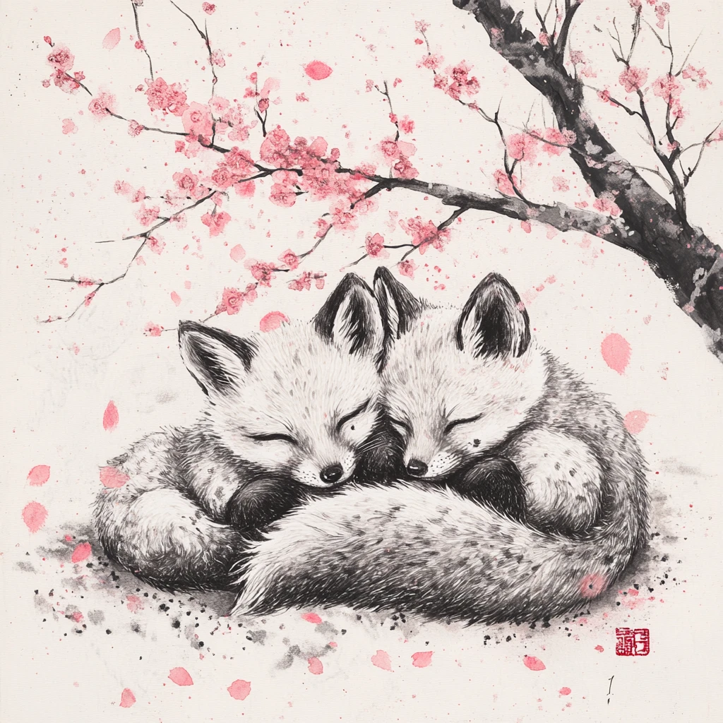 春の桜の木の下で寄り添う遊び好きな子ぎつねたち