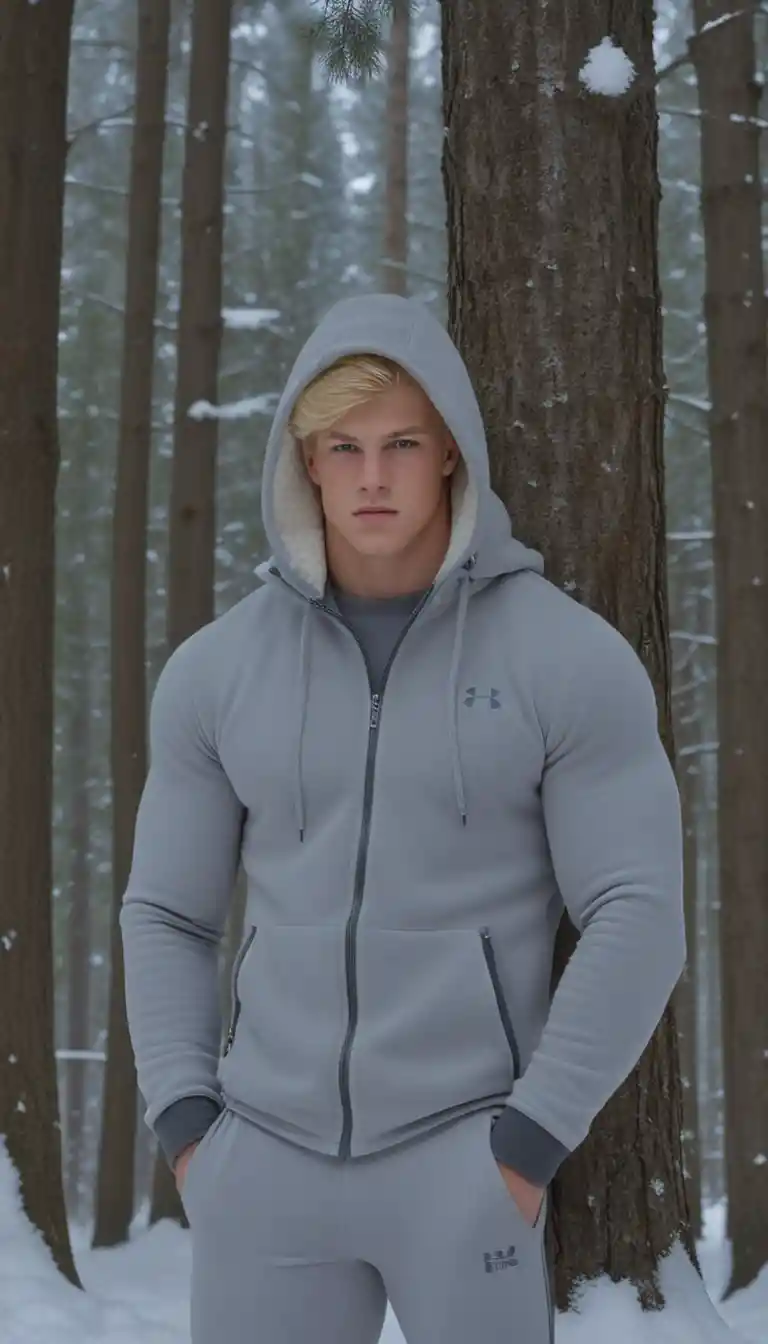 Joven rubio con mallas de forro polar en un bosque nevado