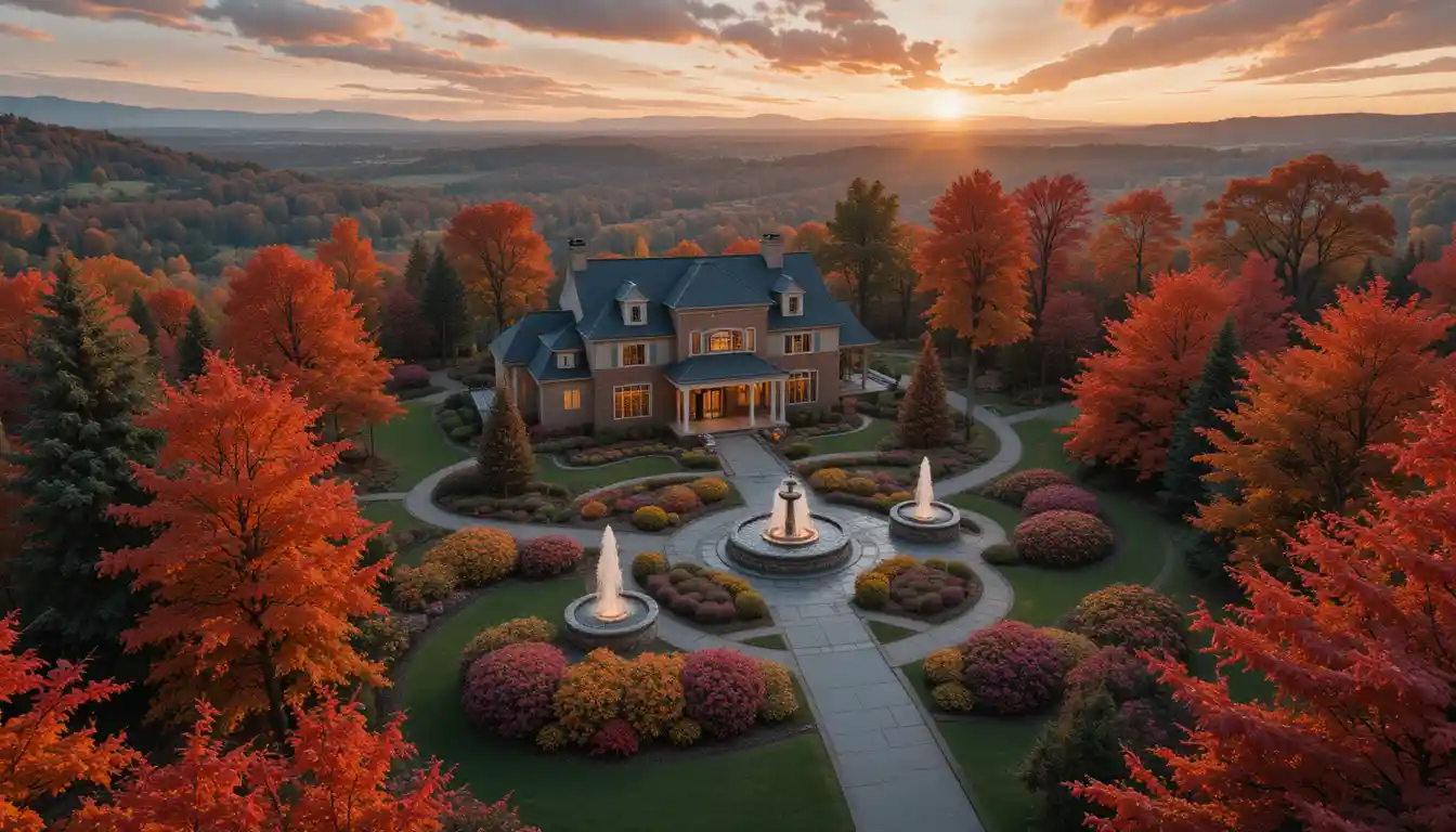 Vue aérienne d’une maison avec fontaines de jardin en automne
