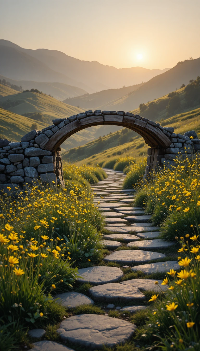 Rustic wooden bridge over stone path in wildflower meadow