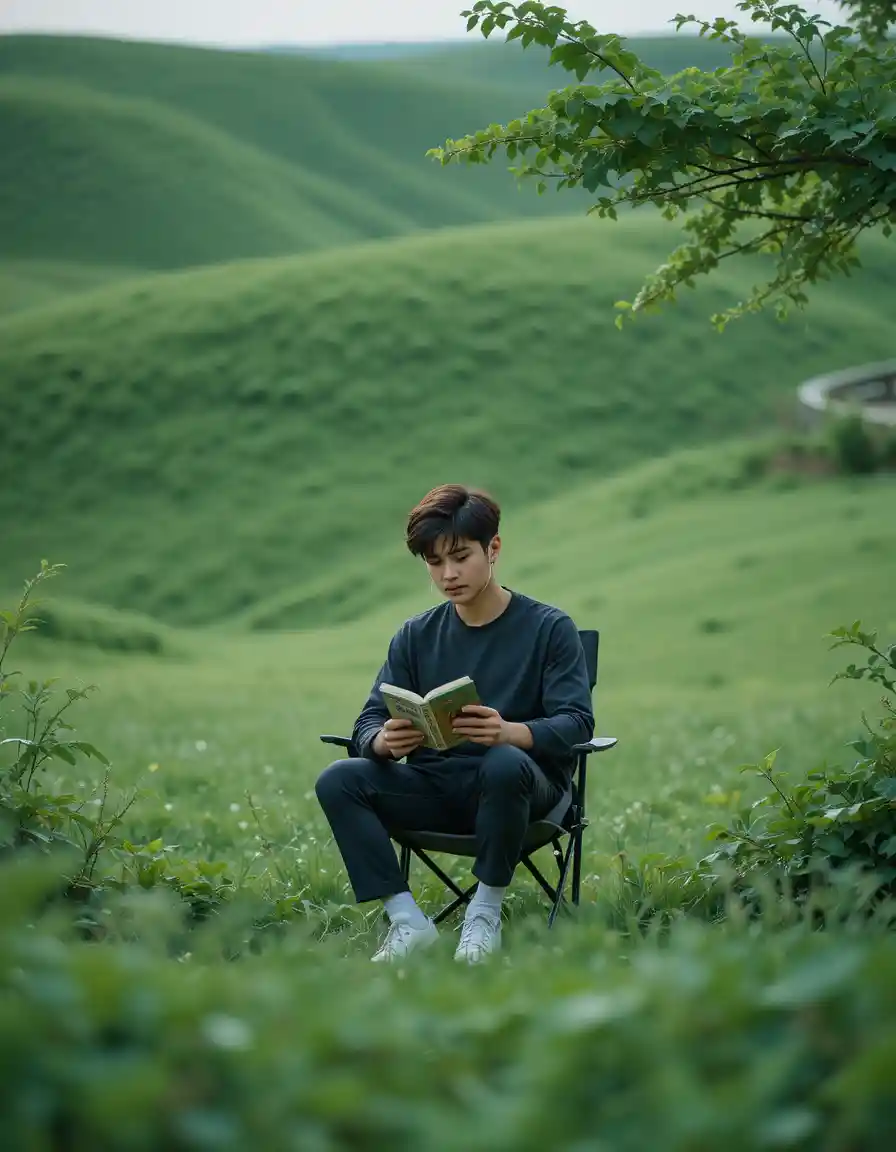Man reading alone on a chair in a quiet green field
