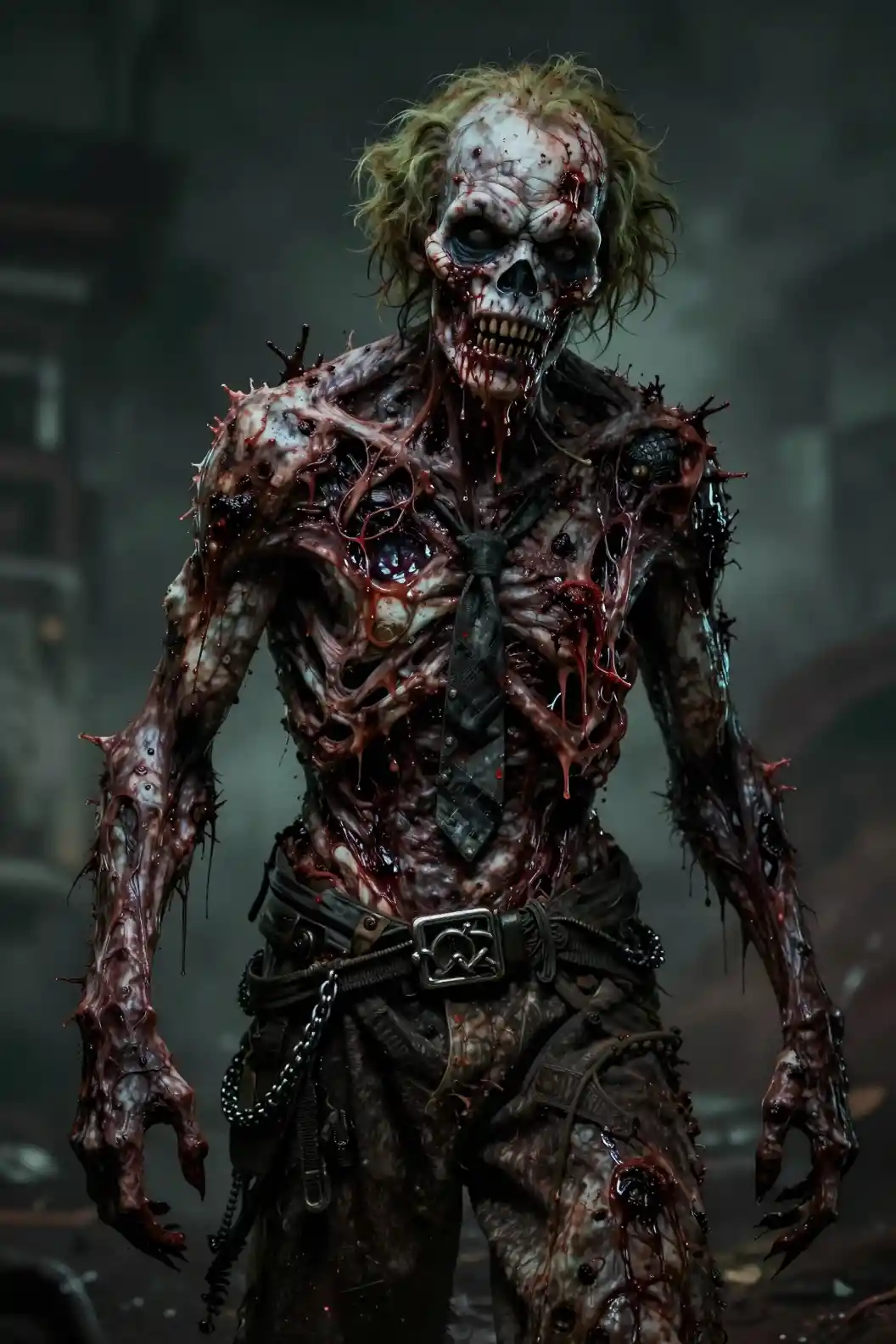 Hyper realistic rotting zombie with decayed flesh falling away