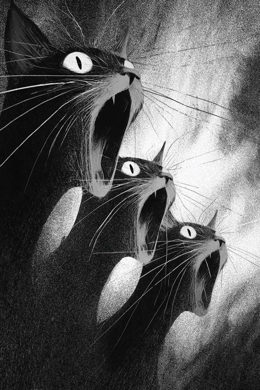 Three monstrous cats with gaping jaws in eerie monochrome