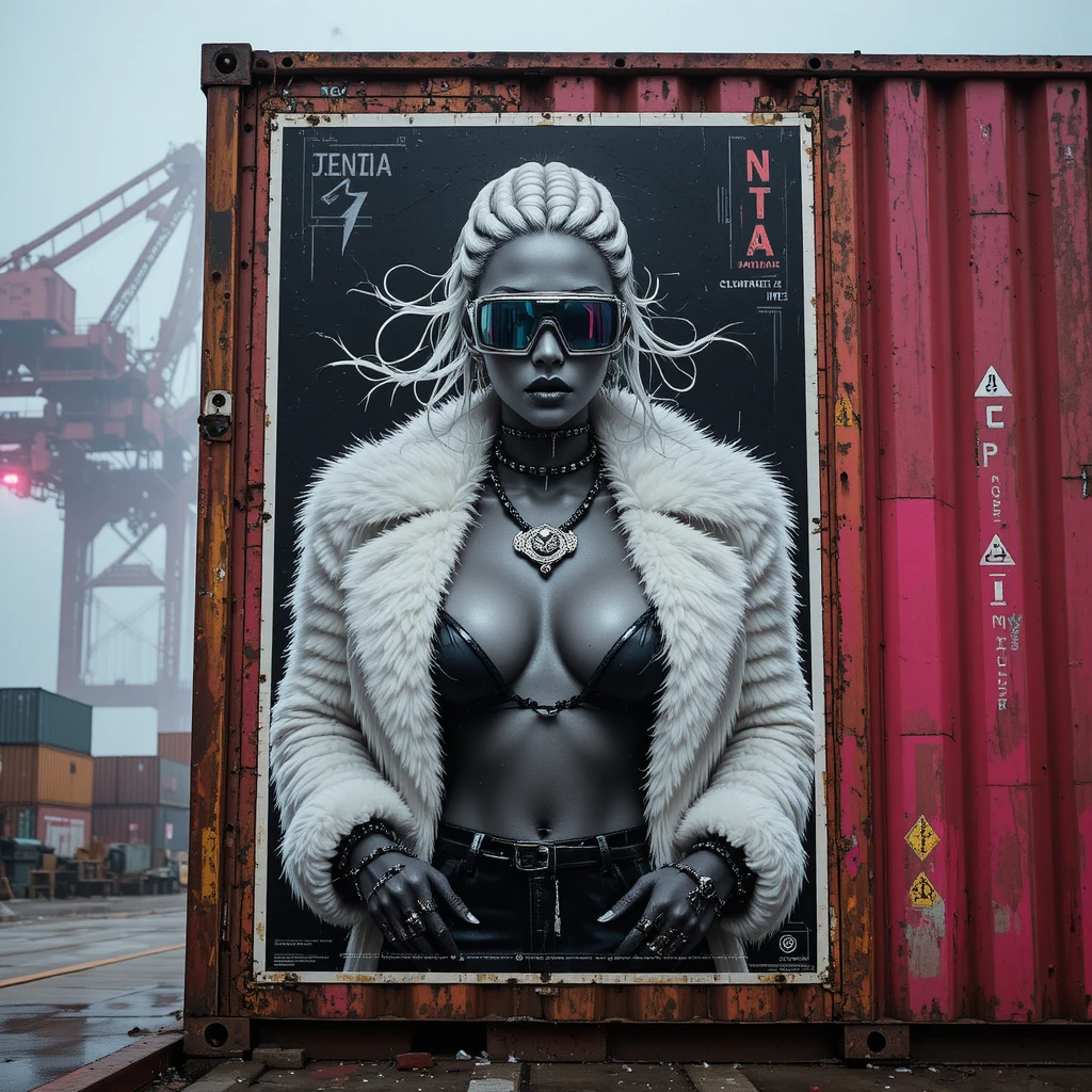 Noir fashion poster on rusted cargo container by the bay