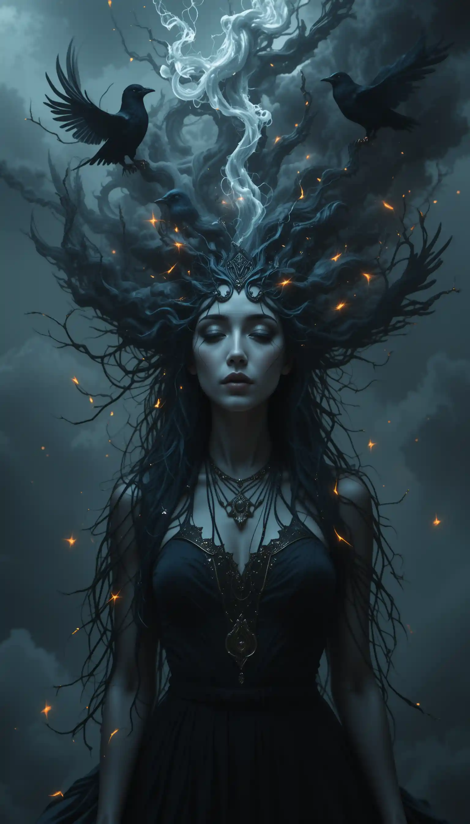 Figure androgynе à tête de nuage orageux dans un univers dark fantasy