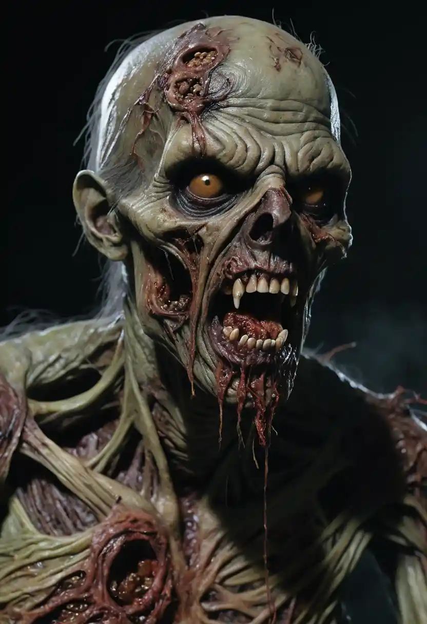 Zombie grotesque hyperréaliste à la chair pourrissante qui tombe