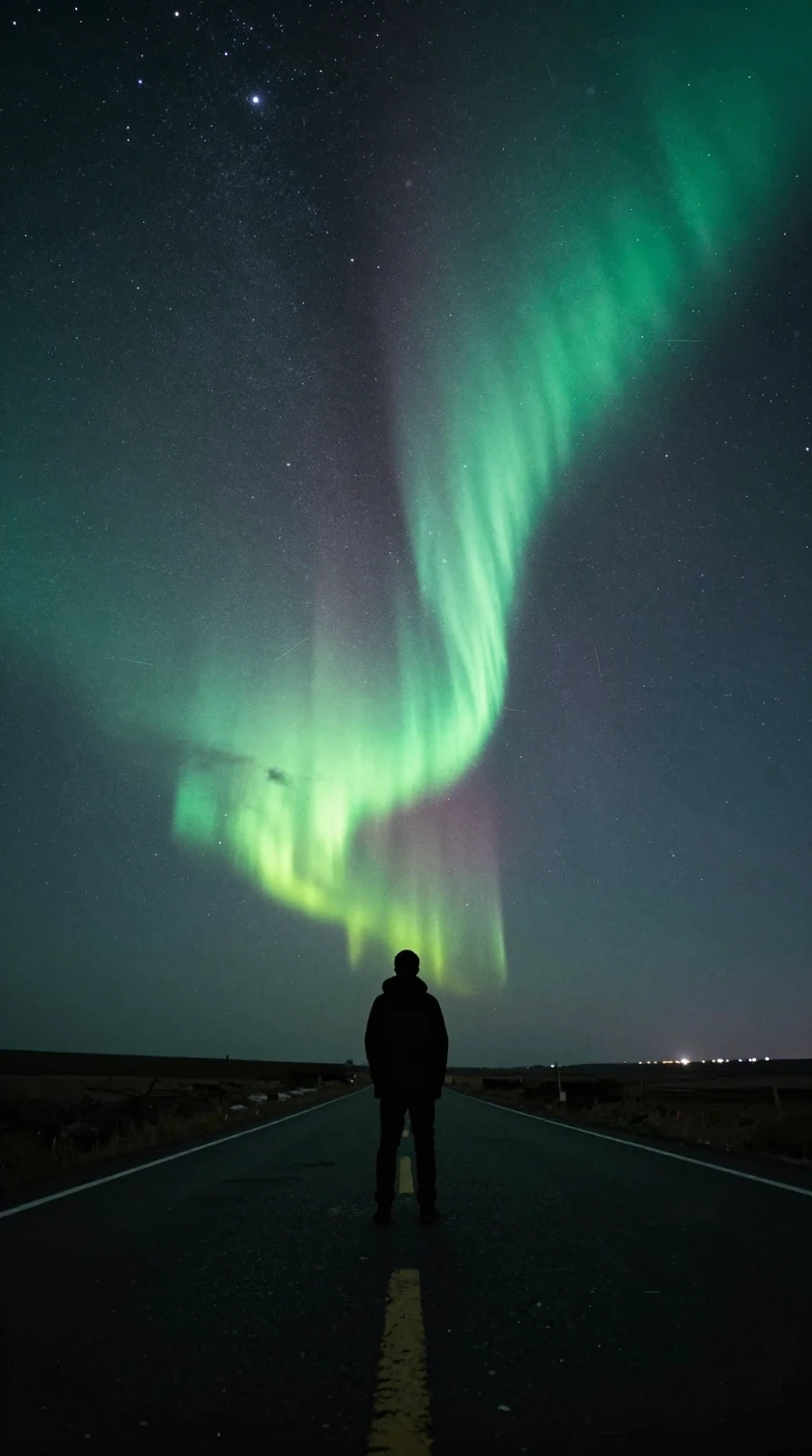 Lone traveler on moonlit highway under aurora sky
