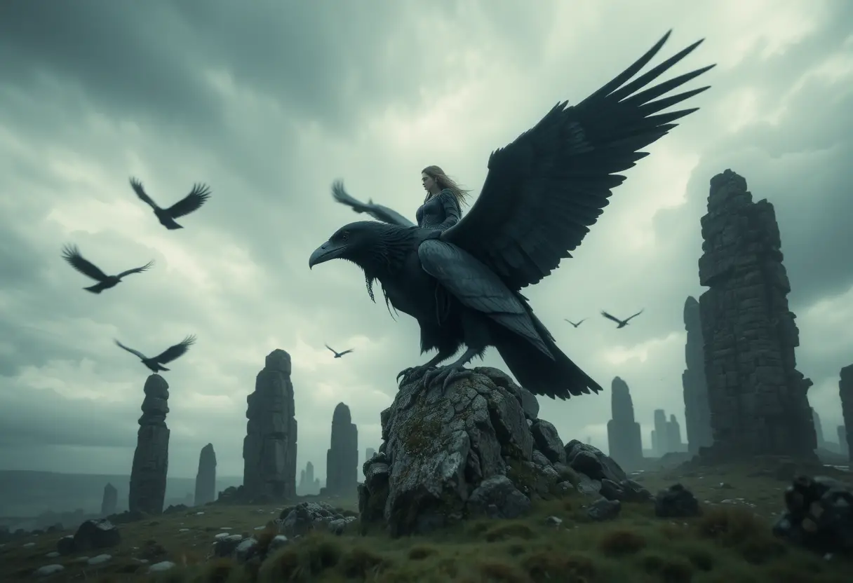 Mystical woman riding a giant raven above ancient stones