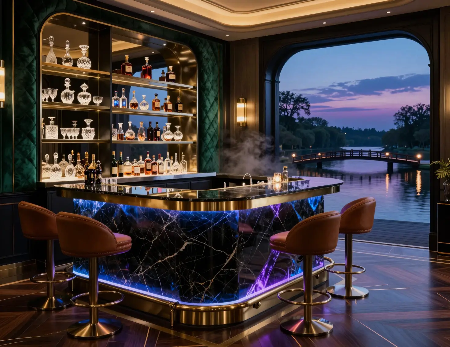 Bancone bar di lusso sul fiume con vista sul ponte al crepuscolo