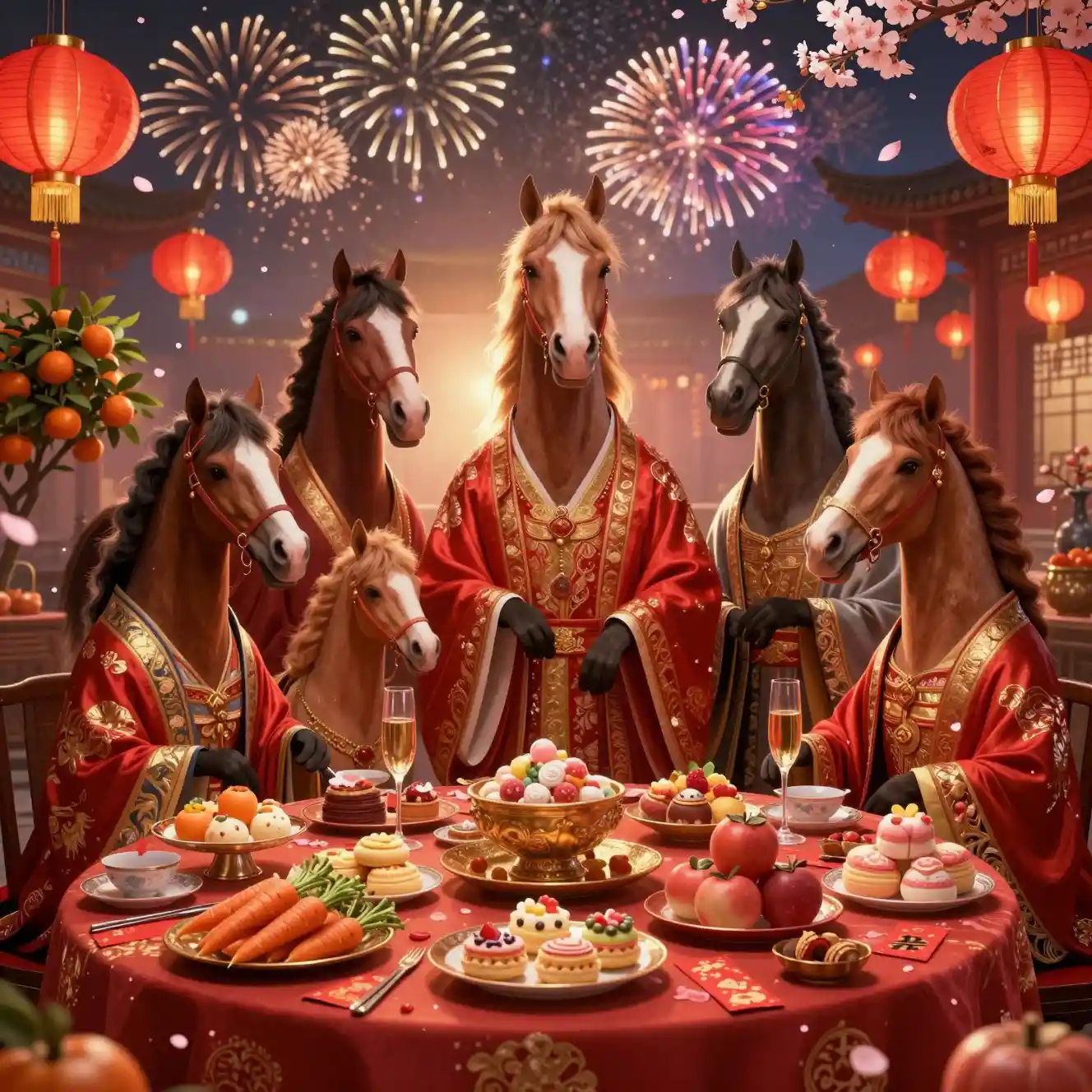 Anthropomorphic Horses Celebrating A Festive Chinese New Year Banquet
