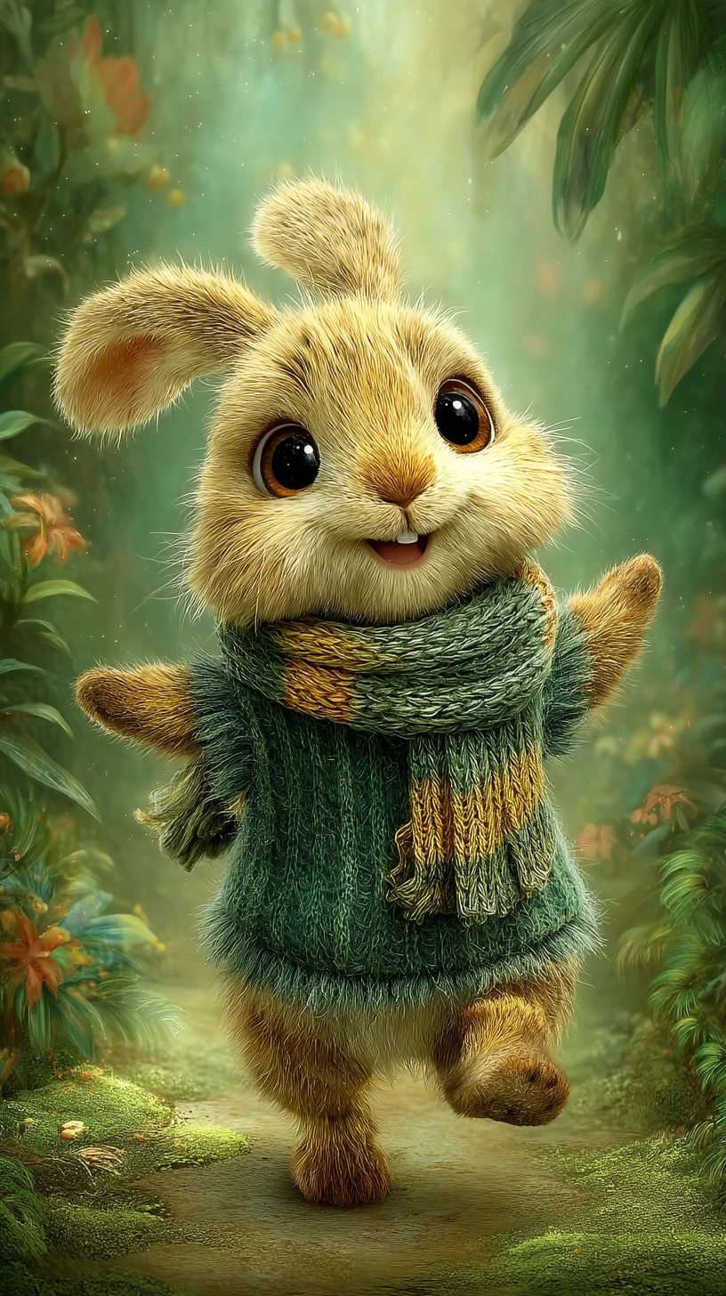 Cute anthropomorphic rabbit walking through a soft forest