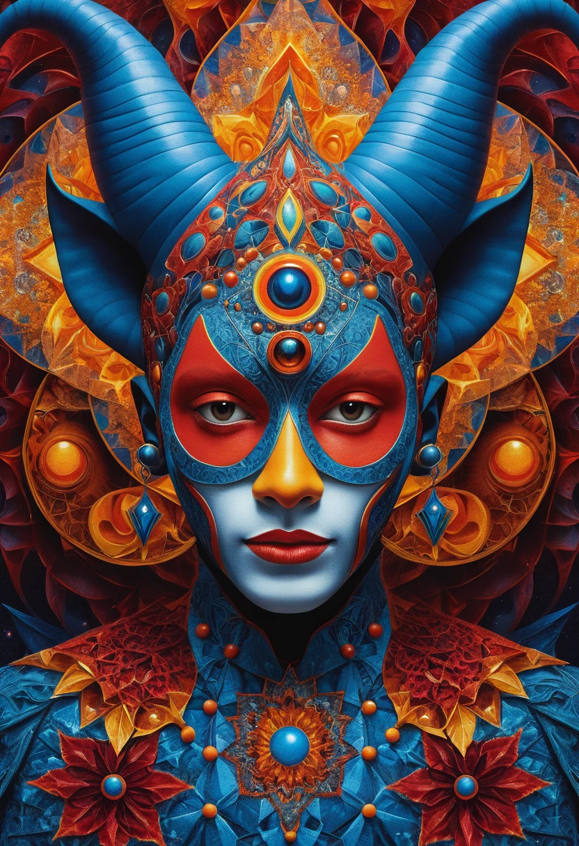Retrato Surreal de Bobo Cósmico com Máscara Fractal