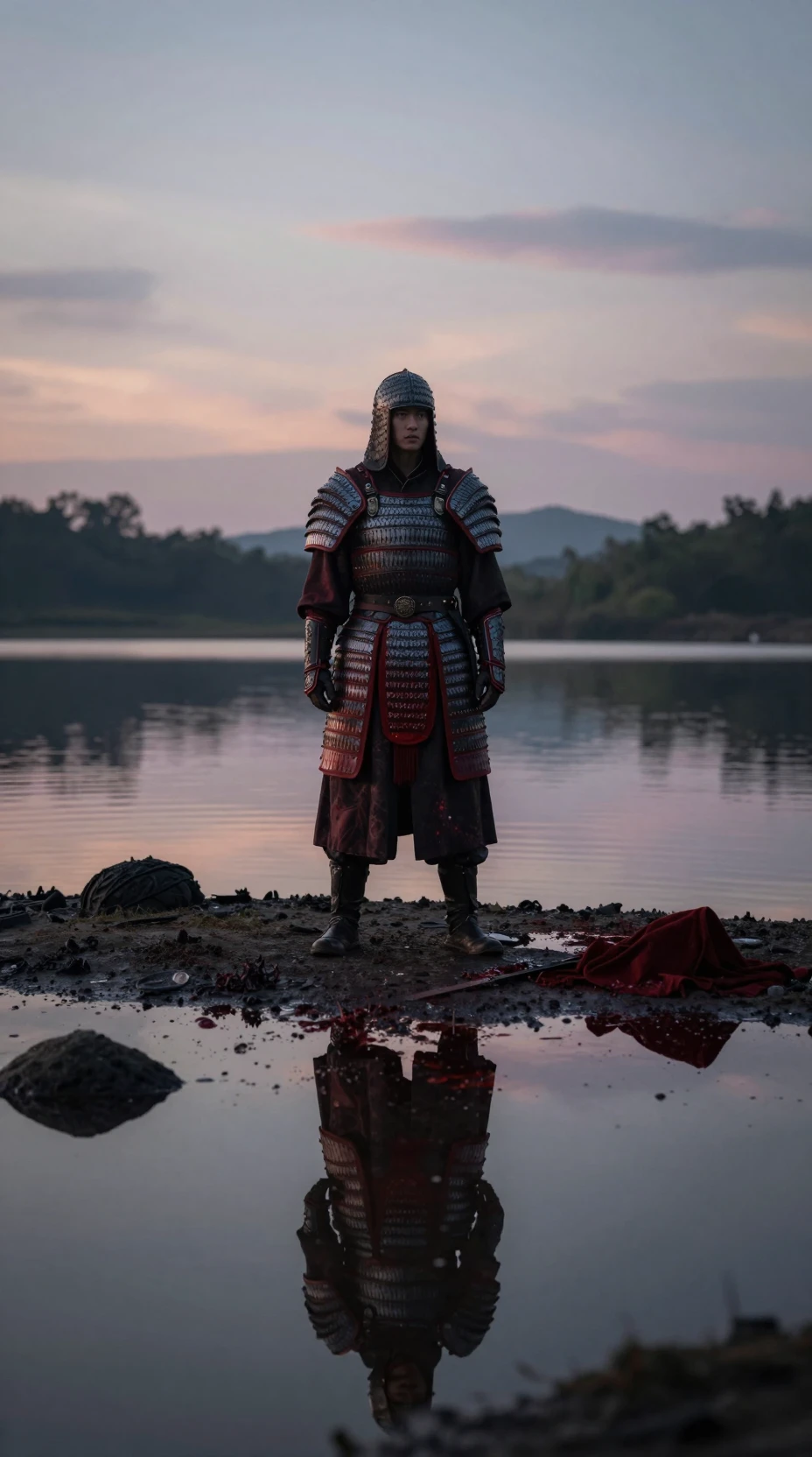 Lone warrior in black and crimson armor standing on a lake