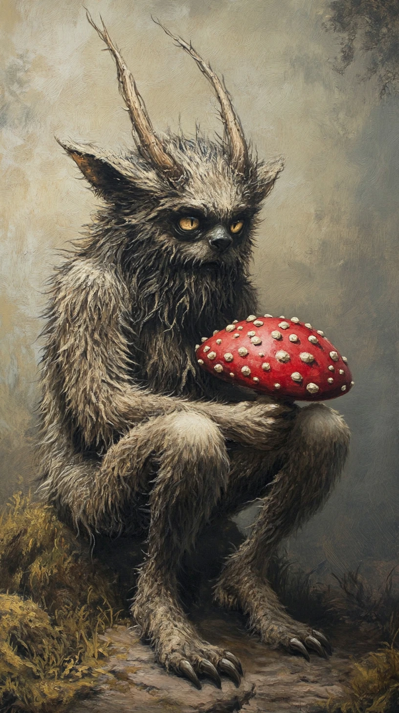 Playful forest creature holding a large mushroom in line art